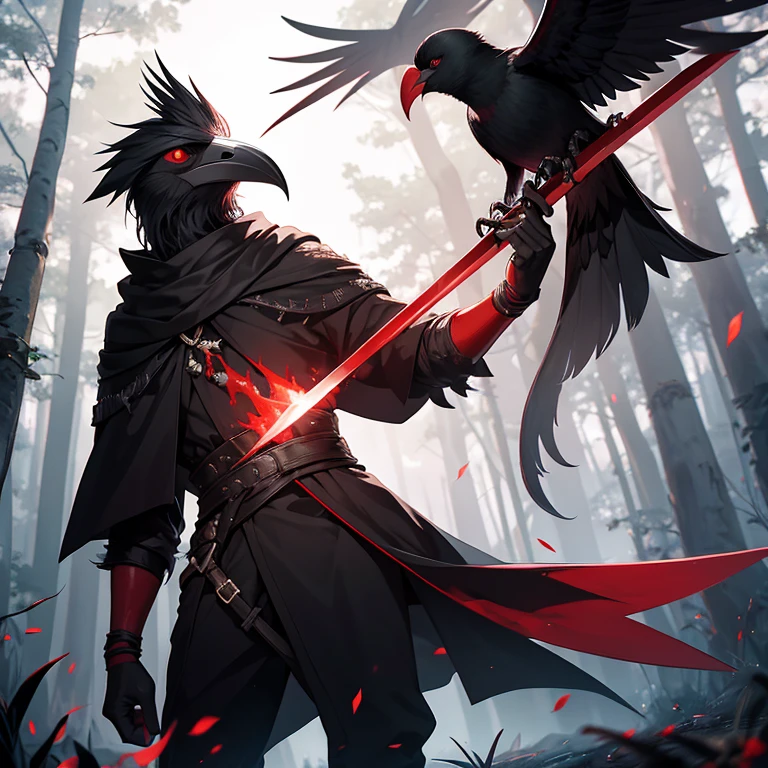 black male kenku, The background is a forest, kenku holding a sickle in one hand, The blade of the scythe is red glowing magic and red sparkling