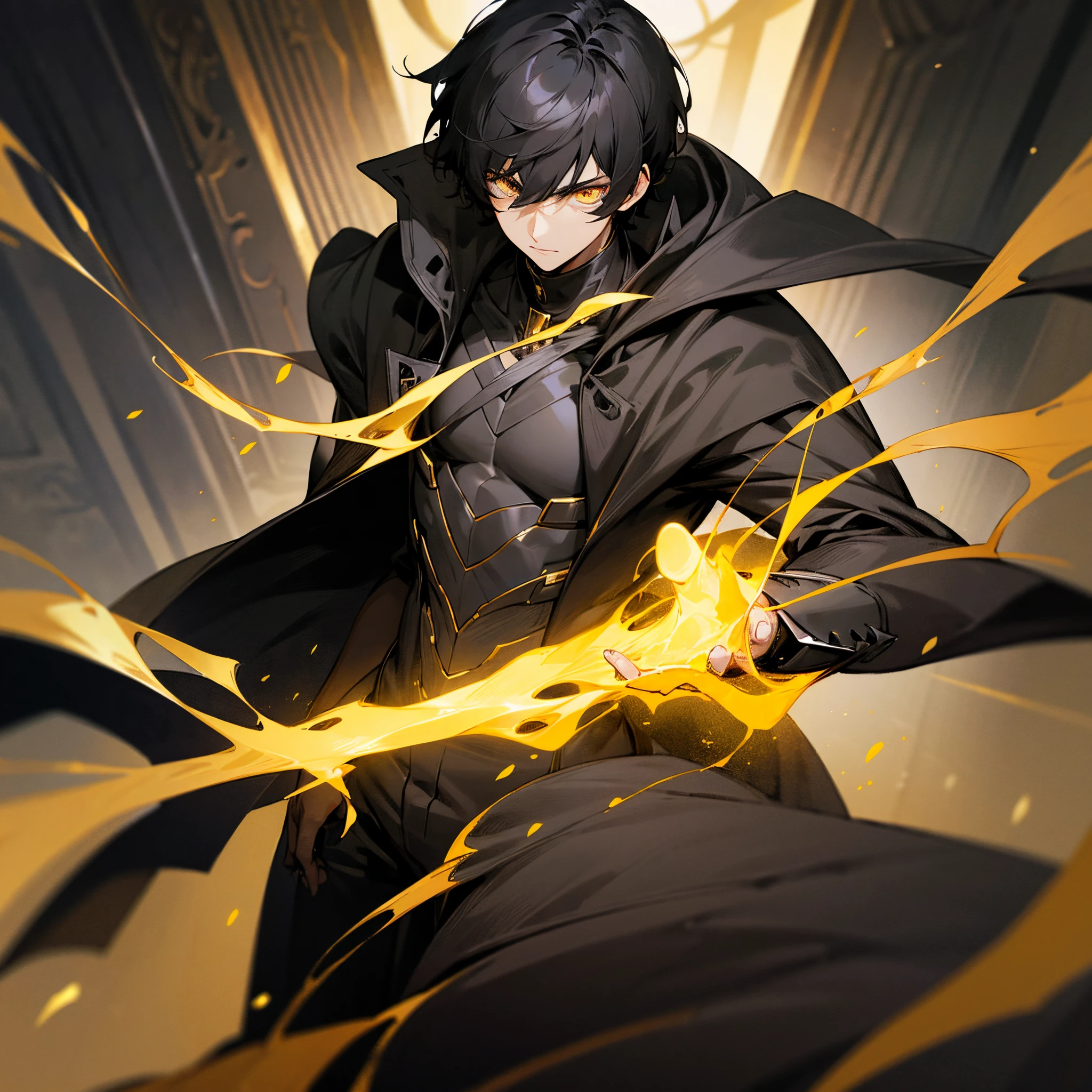 Black hair, short hair, gold eyes, dark eyes, teenager, glowing eyes, handsome male, male protagonist, all black suit, cape, dark hallway background, dark grey energies