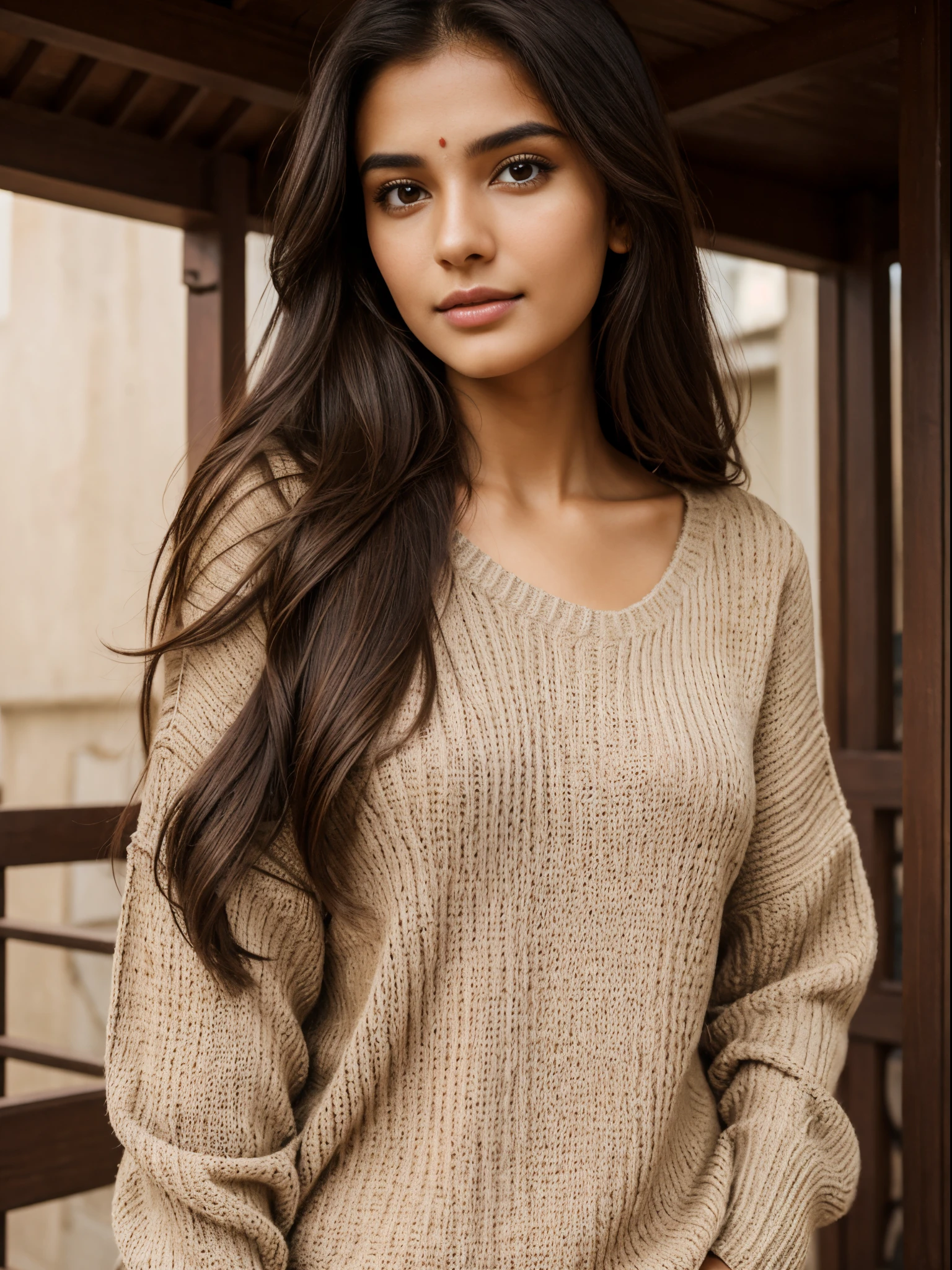 Beautiful ,23 years young girl,confident looking,8k,realistic,dark brown hair,fair skin, indian,long hair,clear facial features, wearing sweater, background is of Indian home