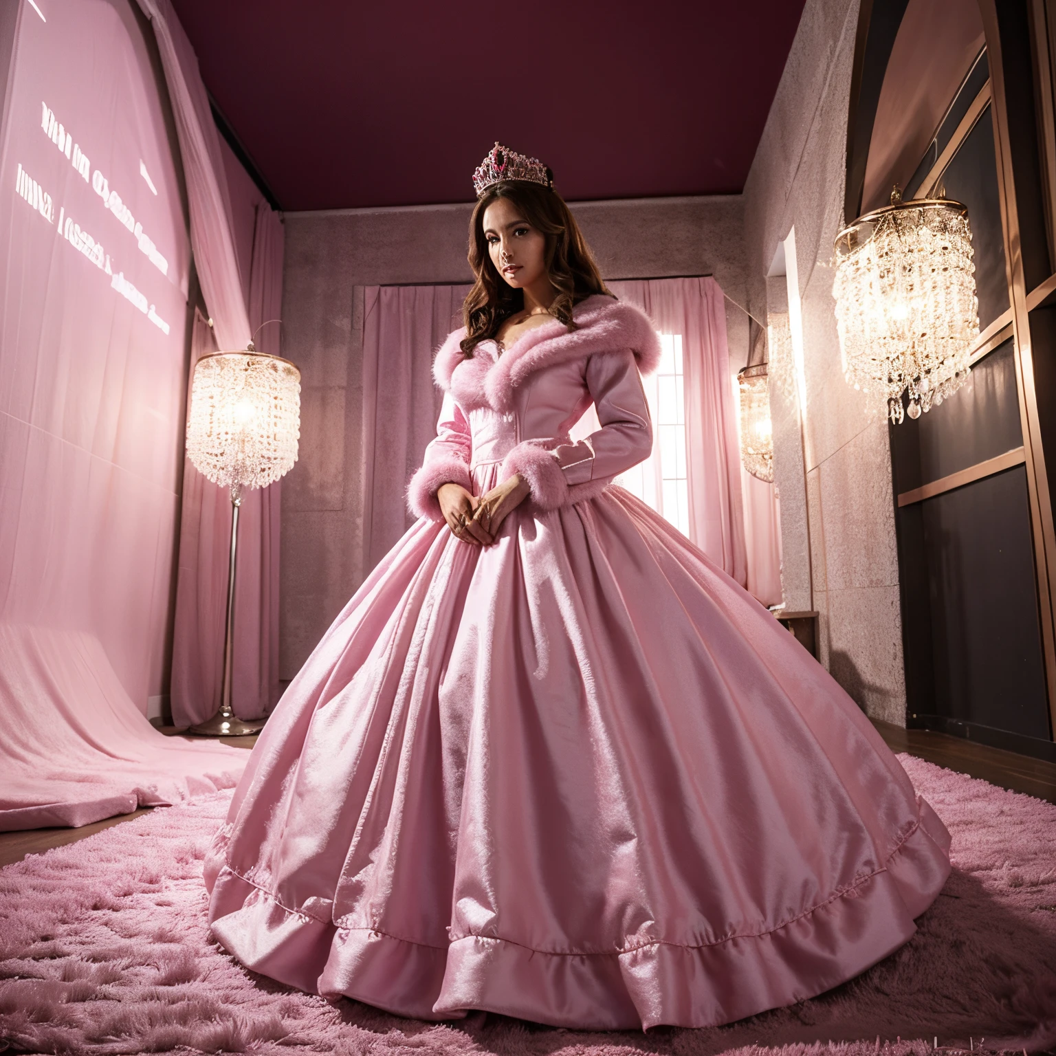 Princess in huge puffy pink dress and fur shawl