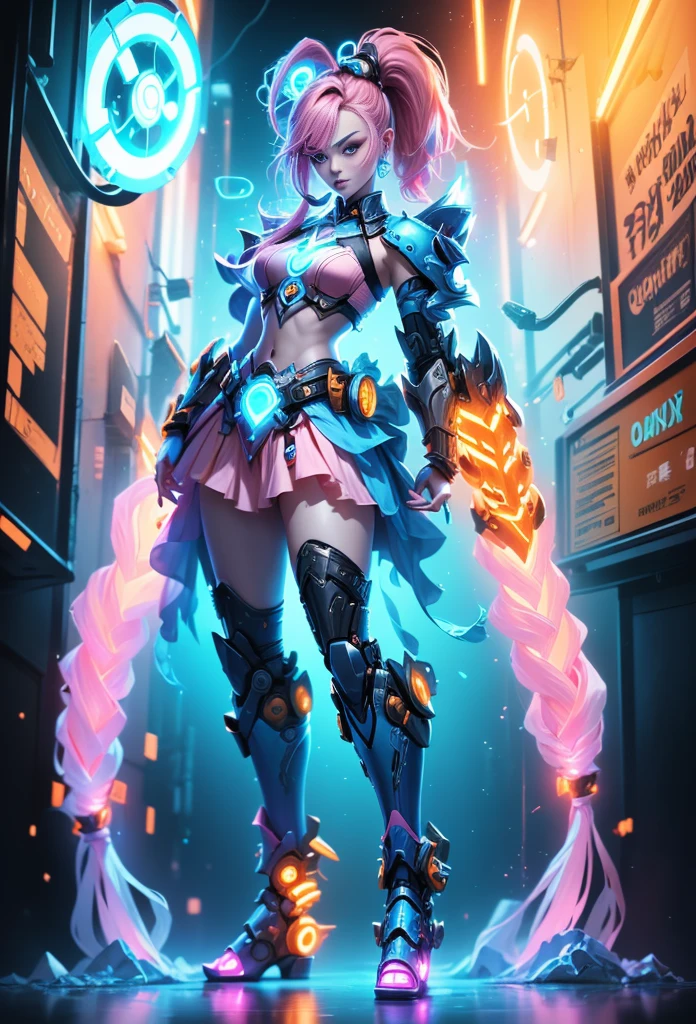 Jinx1024, Game character design,3D character rendering,(((Vector illustration style))),League of Legends Jinx,((1girl,(Blue double ponytail: 1.5),Blue braids,Red eyes,big laughter,future warrior,(Pink mechanical skirt: 1.3),(A luminous magazine is tied around the waist: 1.2),Decorated with luminous lines and rivets,With streamer effect or LED light embellishment,Hand holding laser cannon、Ion cannon or pulse cannon)),((hair design:Brilliant deep blue,Add some glowing elements,Futuristic headgear such as orange photoelectric glasses or head-mounted display)),((Expression design:Add some glowing lines or orange LED light effects to the facial decoration,Design different facial expressions,Highlight the image of future warriors)),(action design:On the move、When releasing a skill or attacking,Add some special effects and animations,Highlight the sense of future and combat),((Special effects design:Add cool orange light effects、Electromagnetic wave effect or virtual interface,Enhance the visual impact of skin)), (((standing on your feet,Metal heels: 1.8, Glowing lines or orange LED light effect))), (full body shot of: 1.5),jinx (league of legends),(starryskybackground,simplebackground))