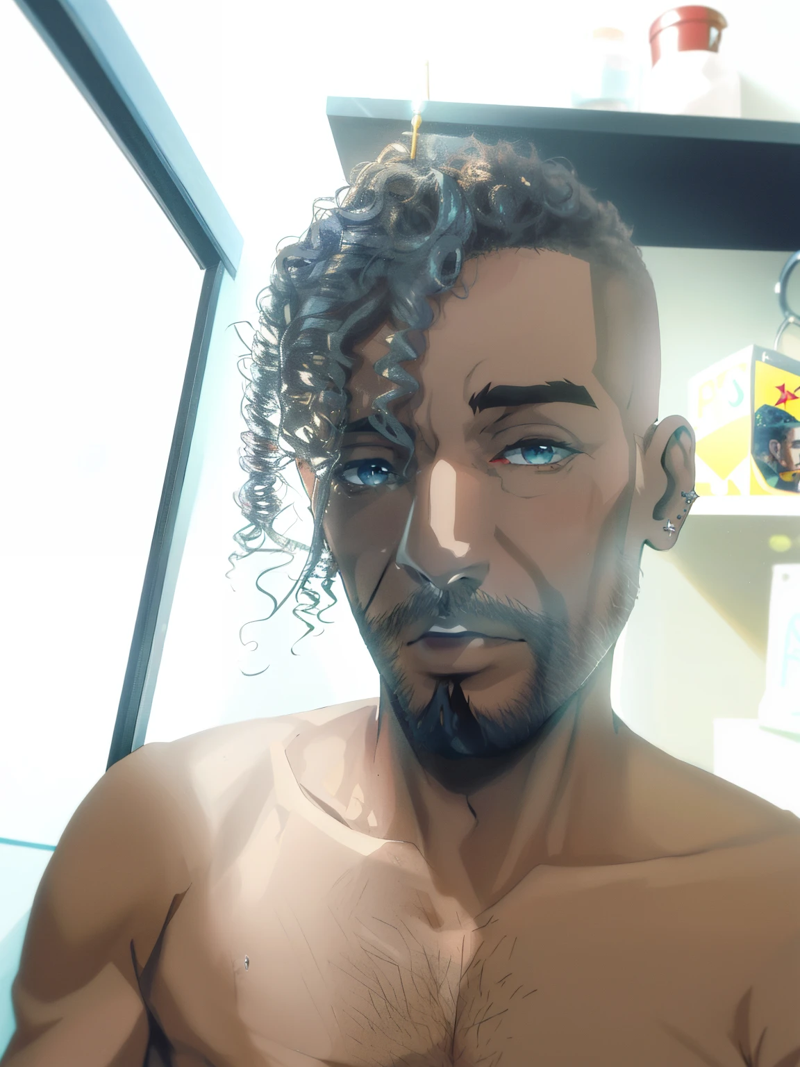 tem um homem com piercing no nariz e piercing no nariz, (38 anos), curls on top of his head, cerca de 3 5 anos, barbeado limpo!!!!, cabelos cacheados e curtos, 2 9 anos, 38 anos, Homem de 4 0 anos, 3 2 anos, 2 7 anos((bravo))