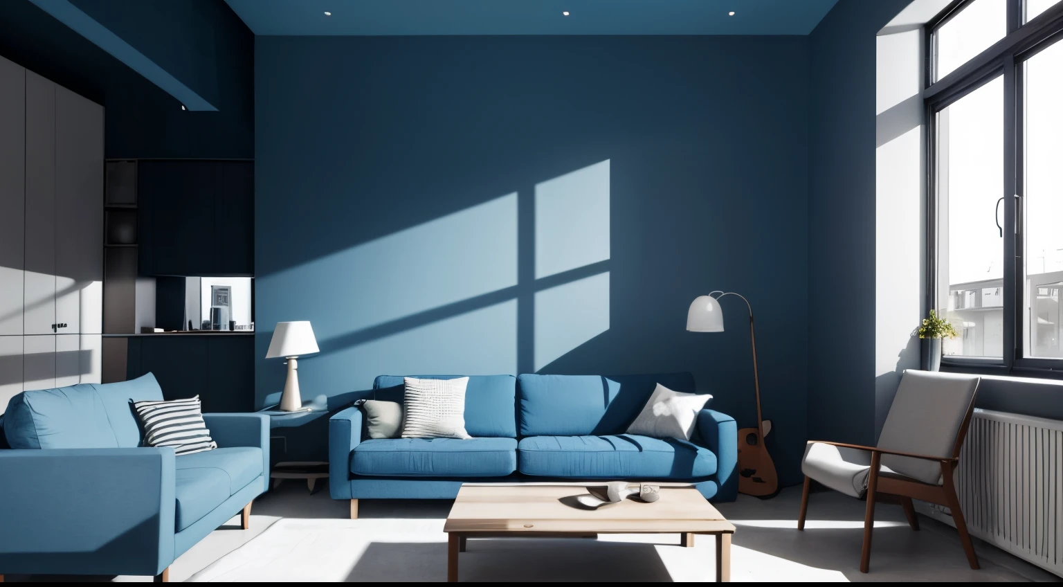 Blue sofa against concrete wall. Scandinavian loft home interior design of modern living room in minimalist studio apartment.