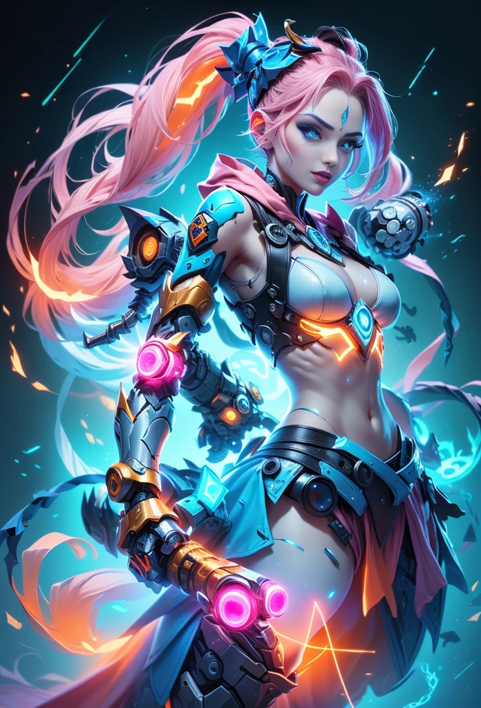 Jinx1024, Game character design,3D character rendering,(((Vector illustration style))),League of Legends Jinx,((1girl,(Blue double ponytail: 1.5),Blue braids,Red eyes,big laughter,future warrior,(Pink mechanical skirt: 1.3),(A luminous magazine is tied around the waist: 1.2),Decorated with luminous lines and rivets,With streamer effect or LED light embellishment,Hand holding laser cannon、Ion cannon or pulse cannon)),((hair design:Brilliant deep blue,Add some glowing elements,Futuristic headgear such as orange photoelectric glasses or head-mounted display)),((Expression design:Add some glowing lines or orange LED light effects to the facial decoration,Design different facial expressions,Highlight the image of future warriors)),(action design:On the move、When releasing a skill or attacking,Add some special effects and animations,Highlight the sense of future and combat),((Special effects design:Add cool orange light effects、Electromagnetic wave effect or virtual interface,Enhance the visual impact of skin)), (((standing on your feet,Metal heels: 1.8, Glowing lines or orange LED light effect))), (full body shot of: 1.5),jinx (league of legends),(starryskybackground,simplebackground))