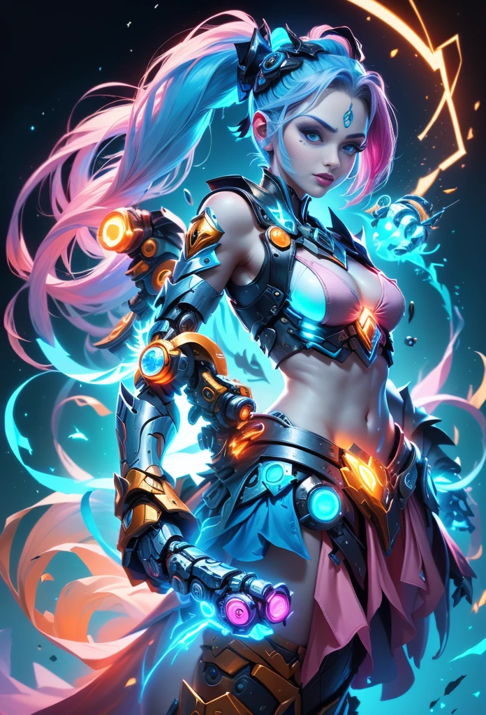 Jinx1024, Game character design,3D character rendering,(((Vector illustration style))),League of Legends Jinx,((1girl,(Blue double ponytail: 1.5),Blue braids,Red eyes,big laughter,future warrior,(Pink mechanical skirt: 1.3),(A luminous magazine is tied around the waist: 1.2),Decorated with luminous lines and rivets,With streamer effect or LED light embellishment,Hand holding laser cannon、Ion cannon or pulse cannon)),((hair design:Brilliant deep blue,Add some glowing elements,Futuristic headgear such as orange photoelectric glasses or head-mounted display)),((Expression design:Add some glowing lines or orange LED light effects to the facial decoration,Design different facial expressions,Highlight the image of future warriors)),(action design:On the move、When releasing a skill or attacking,Add some special effects and animations,Highlight the sense of future and combat),((Special effects design:Add cool orange light effects、Electromagnetic wave effect or virtual interface,Enhance the visual impact of skin)), (((standing on your feet,Metal heels: 1.8, Glowing lines or orange LED light effect))), (full body shot of: 1.5),jinx (league of legends),(starryskybackground,simplebackground))