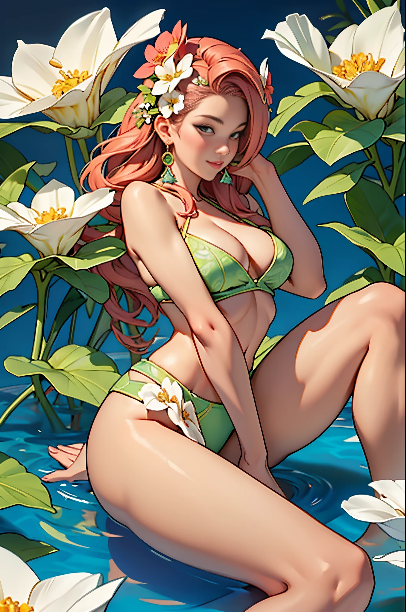 paint a decorative painting,Sexy young woman in bikini,Kneel on the ground and eat bananas,longing unsatisfied,Bright and harmonious colors,(Decorative painting:1.6),dressed in:More sexy than intimate,Seduction pose,(Sexual suggestiveness),(legs are open,spread their legs),Elaborate Eyes,delicated face,Large breasts, Large breasts,Delicate earrings,simple backgound,Lots of flowers around,flowers blooming,A sea of flowers,(tangled,datura,Tangles,entangled), (s fractal art: 1.3),