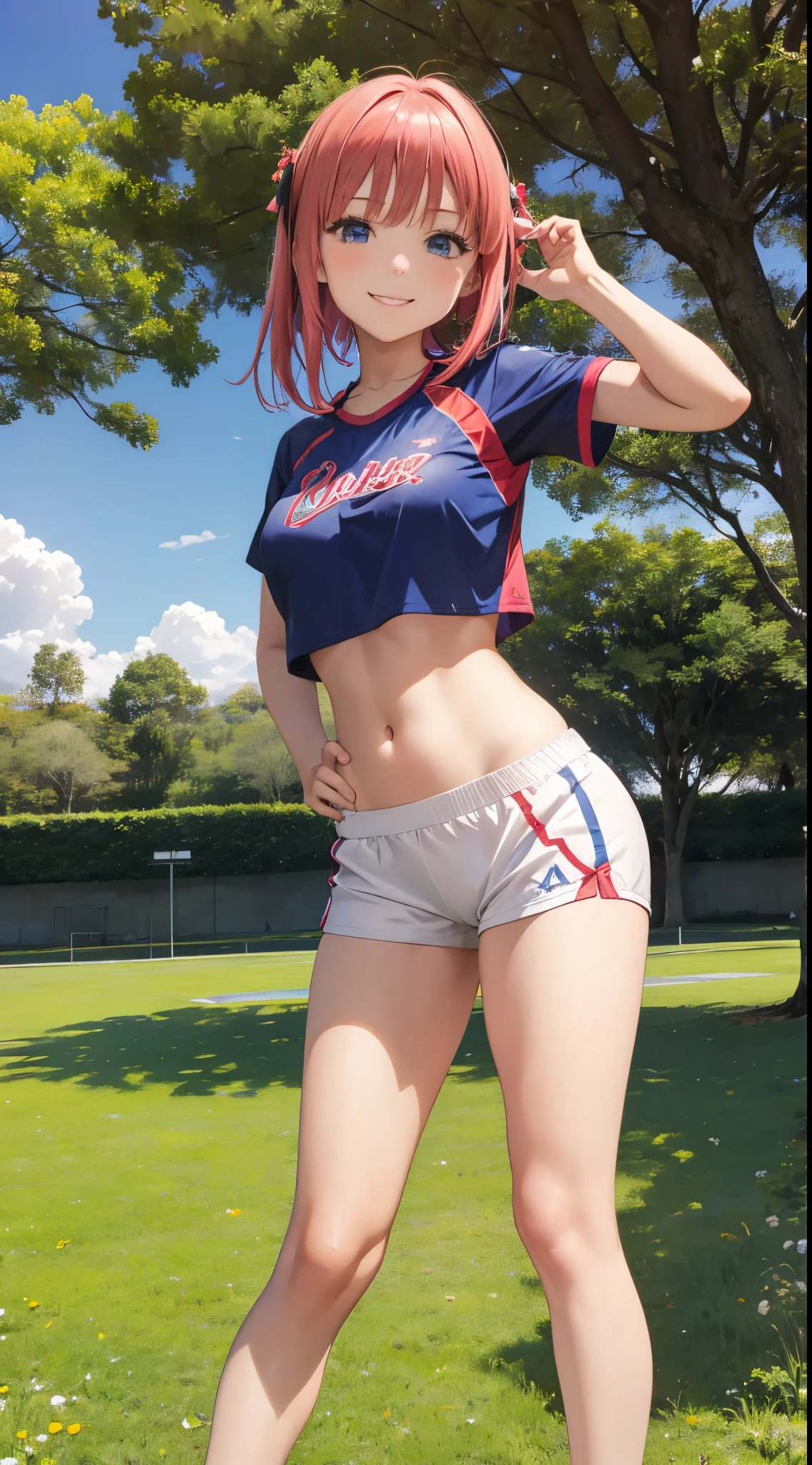 Nino Nakano riendo,pose sexy,ropa deportiva,sudor,field with trees