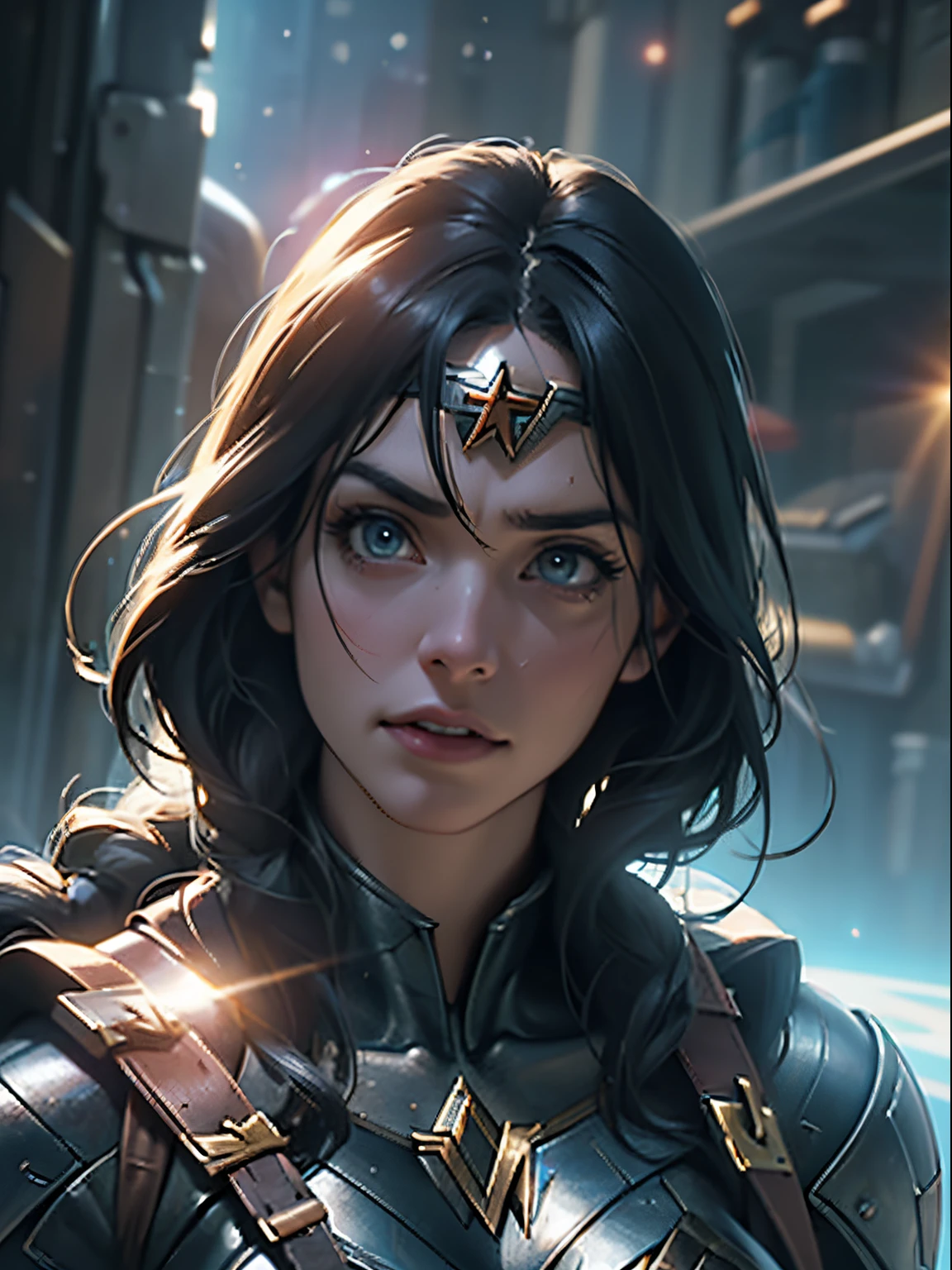 Cinematic scenes, direct current'Wonder Woman Close-up, Distorted space, Twisted undead creatures in the background, lens flare glow, axes, Complicated details, high detal, Volumetriclighting, 4k rendering, pic, hyper realisitc, The texture is real, dramatic lights, unreal-engine
