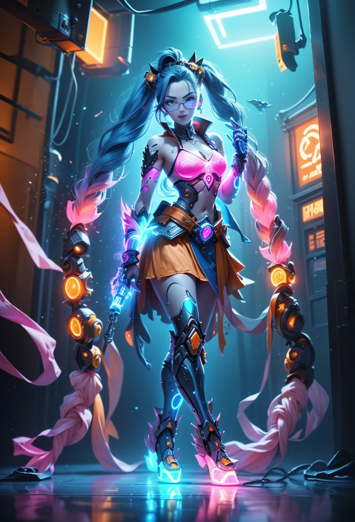 Jinx1024, Game character design,3D character rendering,(((Vector illustration style))),League of Legends Jinx,((1girl,(Blue double ponytail: 1.5),Blue braids,Red eyes,big laughter,future warrior,(Pink mechanical skirt: 1.3),(A luminous magazine is tied around the waist: 1.2),Decorated with luminous lines and rivets,With streamer effect or LED light embellishment,Hand holding laser cannon、Ion cannon or pulse cannon)),((hair design:Brilliant deep blue,Add some glowing elements,Futuristic headgear such as orange photoelectric glasses or head-mounted display)),((Expression design:Add some glowing lines or orange LED light effects to the facial decoration,Design different facial expressions,Highlight the image of future warriors)),(action design:On the move、When releasing a skill or attacking,Add some special effects and animations,Highlight the sense of future and combat),((Special effects design:Add cool orange light effects、Electromagnetic wave effect or virtual interface,Enhance the visual impact of skin)), (((standing on your feet,Metal heels: 1.8, Glowing lines or orange LED light effect))), (full body shot of: 1.5),jinx (league of legends),(starryskybackground,simplebackground))