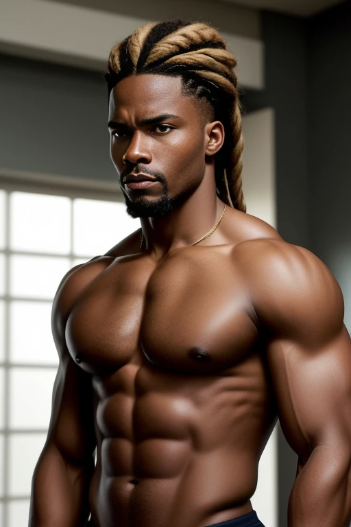Please generate an image featuring a shirtless, toned African American man. He has a stern and determined expression on his face with braids flowing back, his body radiating strength and confidence. Standing with a commanding presence, he directs his gaze straight into the camera, locking eyes with an unwavering intensity. The absence of a shirt highlights his well-defined physique, while his focused expression portrays a sense of controlled power. The image captures a moment of compelling intensity, as he stares into the camera, projecting an air of determination and forceful presence."