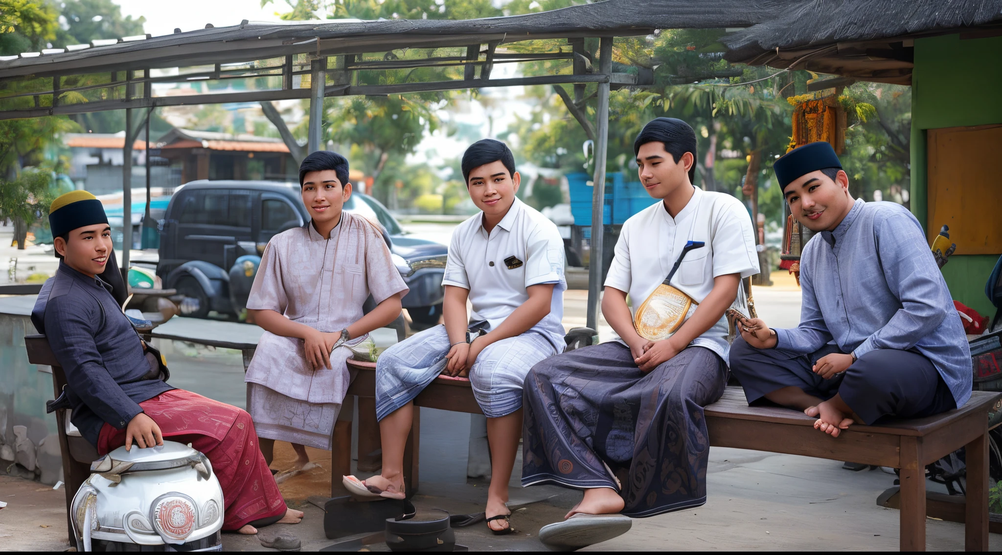 several men sitting on a bench in front of a building, an indonesian family portrait, wearing traditional garb, serene smile, wearing authentic attire, portrait shot, begging for alms, malaysian, barong family, barong family member, cute boys, in modern era, lokah samastah sukhino bhavantu, looking happy, serene expression, potrait