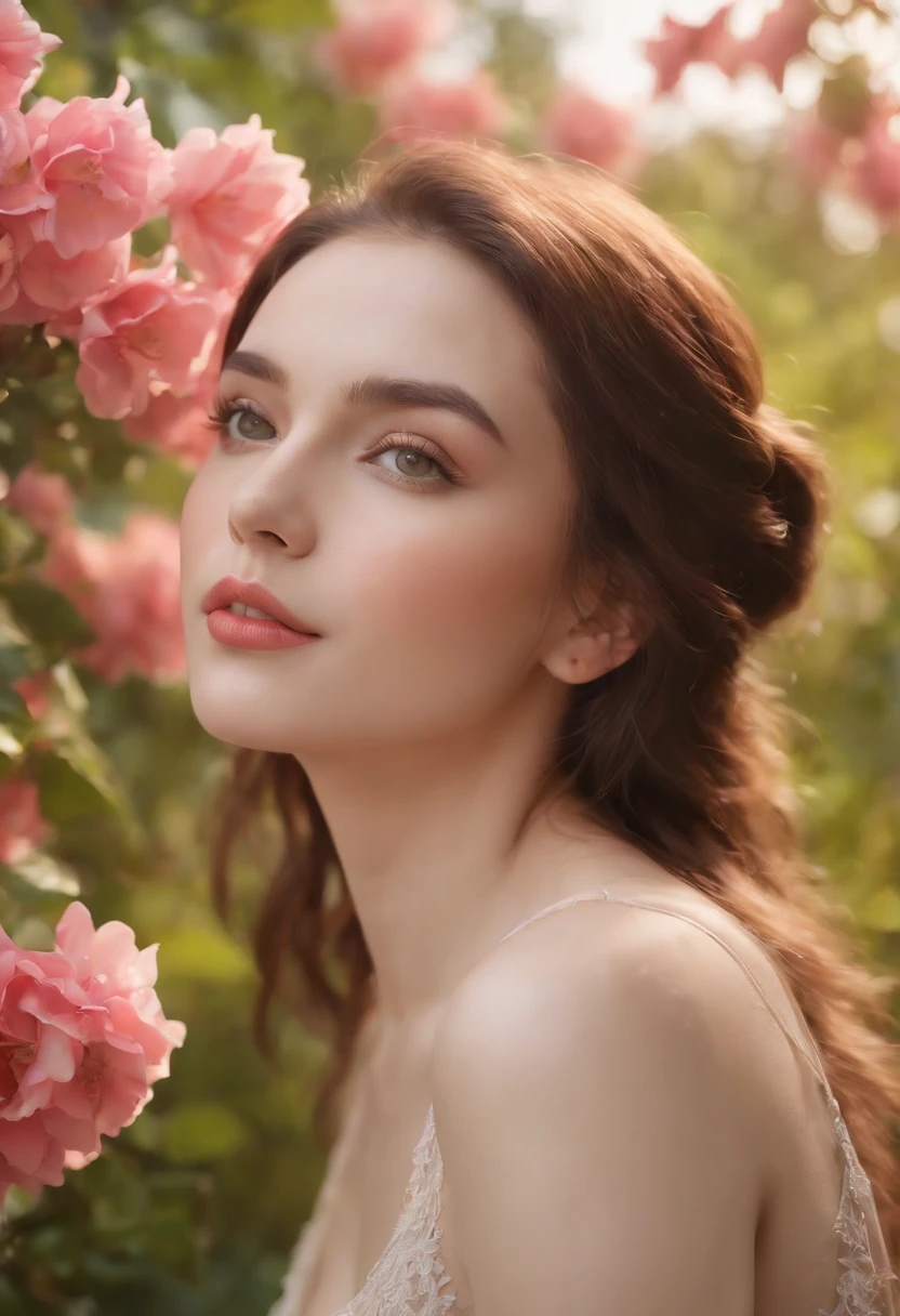 A woman creating art in a vibrant garden, delicate brush strokes, detailed eyes and lips, surrounded by blooming flowers, capturing emotion and beauty, creating a masterpiece. (best quality, 4k, highres, masterpiece:1.2), ultra-detailed, realistic:1.37, vivid colors, fine art, portraits, soft sunlight, lush greenery, tranquil atmosphere