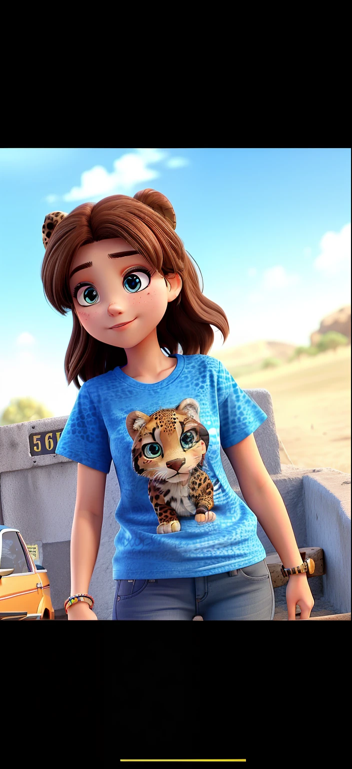beautiful woman, 20 years old, straight brown hair, blue eyes, wearing a t-shirt with cheetah print