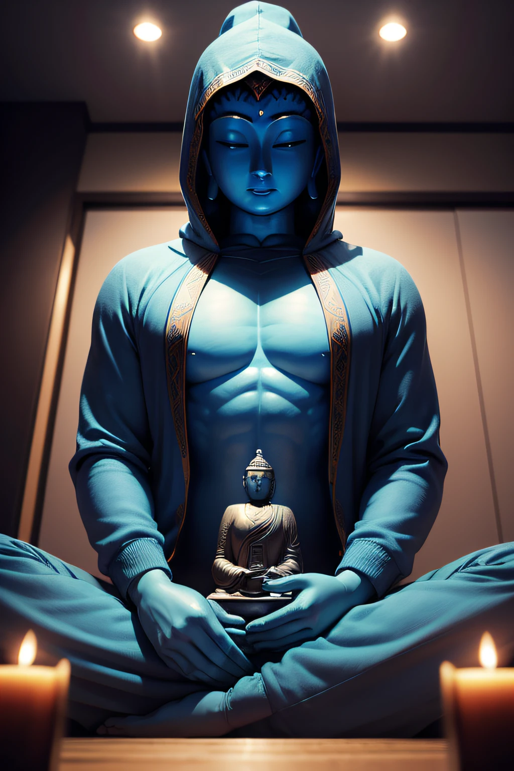 There is a blue Buddha statue facing the front and wearing a hoodie hood,Buddha, the buddha, buddhism, beautiful image,Buddha,Buddha