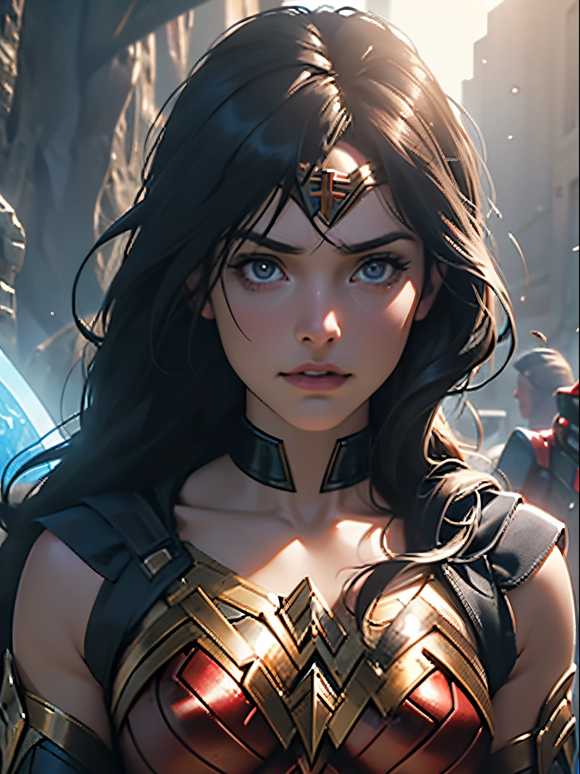 Cinematic scenes, direct current'Wonder Woman Close-up, Distorted space, Twisted undead creatures in the background, lens flare glow, axes, Complicated details, high detal, Volumetriclighting, 4k rendering, pic, hyper realisitc, The texture is real, dramatic lights, unreal-engine