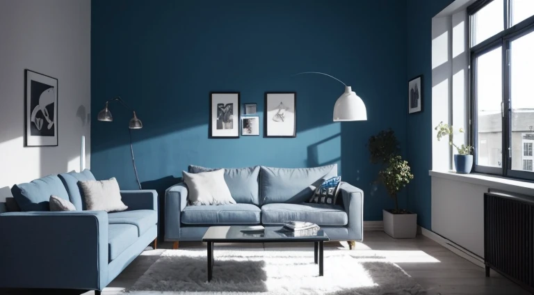 Blue sofa against concrete wall. Scandinavian loft home interior design of modern living room in minimalist studio apartment.