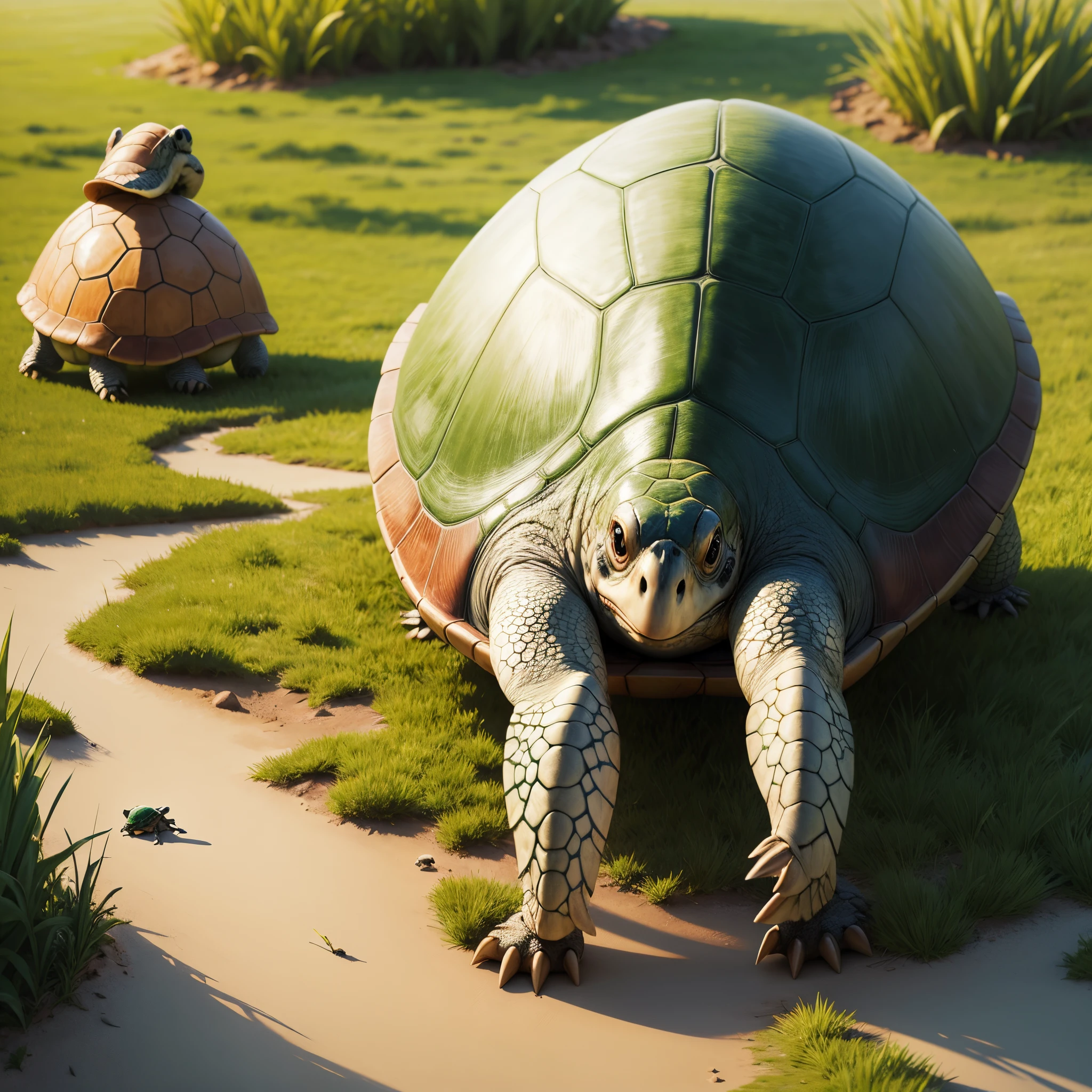(masterpiece, best quality), best resolution, turtle walking through the grass