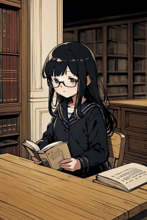 In a library with no one else around、facing a desk、Reading、with black hair、bespectacled、Girl in a sailor suit