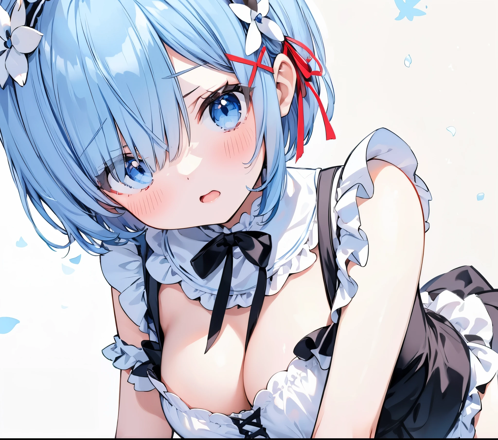 Light blue hair、Very short hair、Hair over one eye、Blunt bangs、blue eyess、Flower headband、Red ribbon hair ornament、French maid、Black corset、off shoulders、Black ruffled skirt、Black long skirt、White Apron、scowl、Open your mouth wide、tits out、cleavage of the breast、