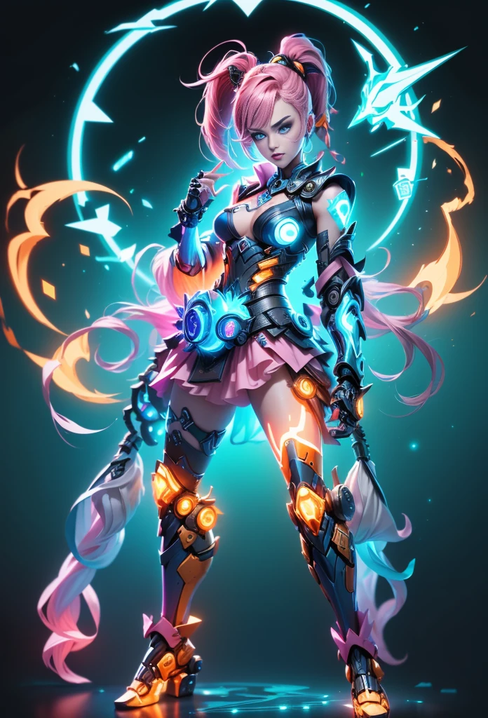 Jinx1024, Game character design,3D character rendering,(((Vector illustration style))),League of Legends Jinx,((1girl,(Blue double ponytail: 1.5),Blue braids,Red eyes,big laughter,future warrior,(Pink mechanical skirt: 1.3),(A luminous magazine is tied around the waist: 1.2),Decorated with luminous lines and rivets,With streamer effect or LED light embellishment,Hand holding laser cannon、Ion cannon or pulse cannon)),((hair design:Brilliant deep blue,Add some glowing elements,Futuristic headgear such as orange photoelectric glasses or head-mounted display)),((Expression design:Add some glowing lines or orange LED light effects to the facial decoration,Design different facial expressions,Highlight the image of future warriors)),(action design:On the move、When releasing a skill or attacking,Add some special effects and animations,Highlight the sense of future and combat),((Special effects design:Add cool orange light effects、Electromagnetic wave effect or virtual interface,Enhance the visual impact of skin)), (((standing on your feet,Metal heels: 1.8, Glowing lines or orange LED light effect))), (full body shot of: 1.5),jinx (league of legends),(starryskybackground,simplebackground))