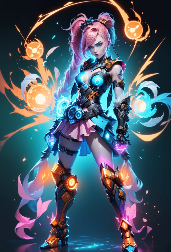 Jinx1024, Game character design，3D character rendering，(((Vector illustration style)))，League of Legends Jinx，((1girl，(Blue double ponytail: 1.5)，Blue braids，Red eyes，big laughter，future warrior，(Pink mechanical skirt: 1.3)，(A luminous magazine is tied around the waist: 1.2)，Decorated with luminous lines and rivets，With streamer effect or LED light embellishment，Hand holding laser cannon、Ion cannon or pulse cannon))，((hair design：Brilliant deep blue，Add some glowing elements，Futuristic headgear such as orange photoelectric glasses or head-mounted display))，((Expression design：Add some glowing lines or orange LED light effects to the facial decoration，Design different facial expressions，Highlight the image of future warriors))，(action design：On the move、When releasing a skill or attacking，Add some special effects and animations，Highlight the sense of future and combat)，((Special effects design：Add cool orange light effects、Electromagnetic wave effect or virtual interface，Enhance the visual impact of skin)), (((standing on your feet，Metal heels: 1.8, Glowing lines or orange LED light effect))), (full body shot of: 1.5)，jinx (league of legends)，(starryskybackground，simplebackground))