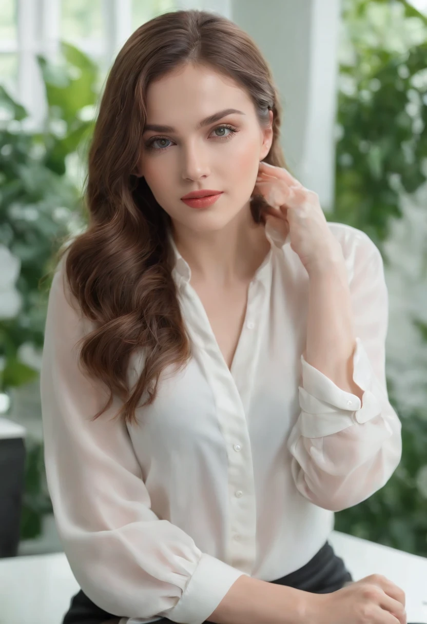 (best quality,4k,8k,highres,masterpiece:1.2),ultra-detailed,(realistic,photorealistic,photo-realistic:1.37),crear joven, brown wavy hair,long wavy hair cascading down her back, slender and perfectly manicured feminine hands with red nails,modelo cuerpo de modelo, modelo de nombre katy modoza, wearing formal attire, a stylish blouse, sitting in a modern office, facing a computer screen, surrounded by soft natural light coming from the window, with a backdrop of lush green plants.