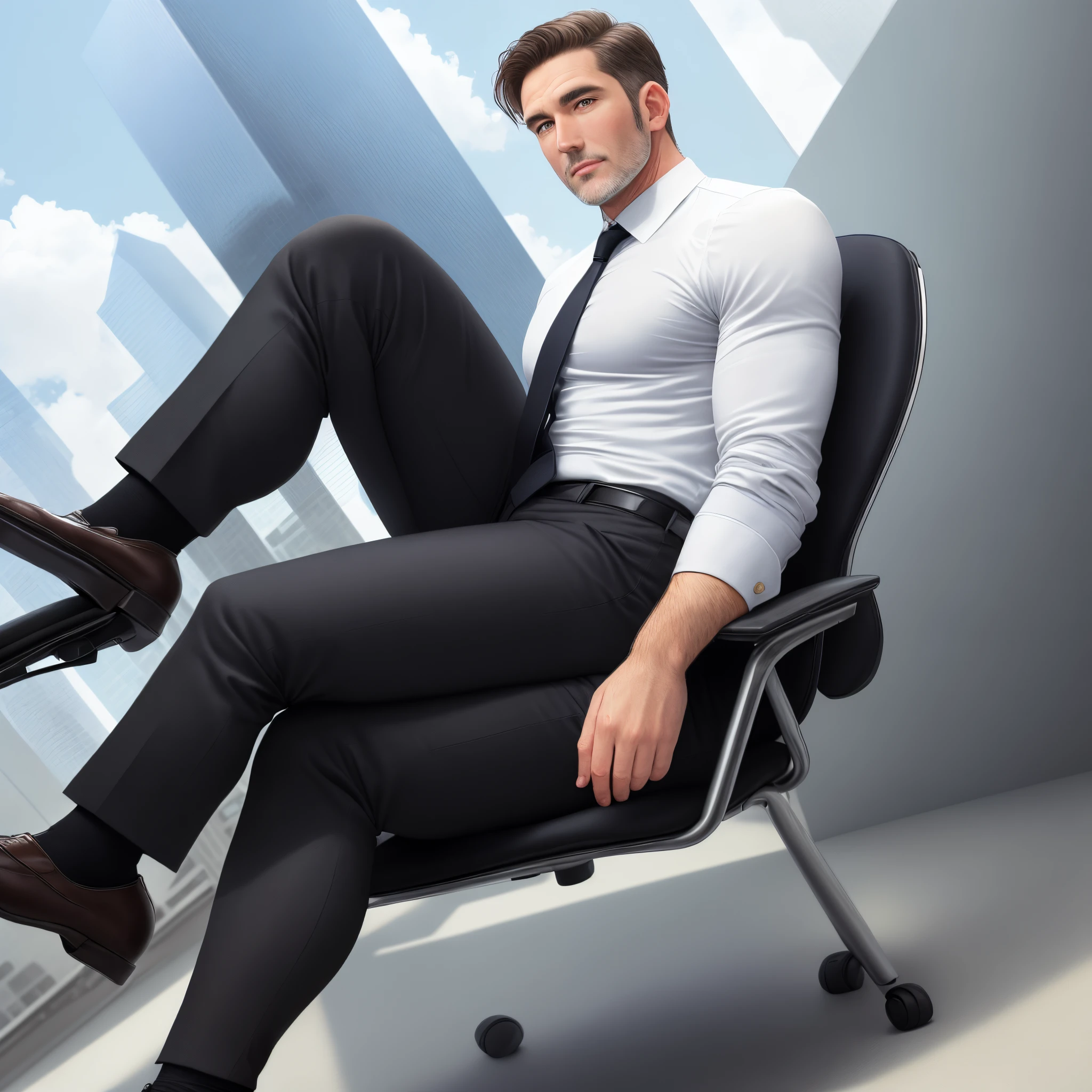 Handsome middle-aged businessman sitting on an office chair On the skyscrapers in the business district Wear a thin white shirt. Wear tight black pants.