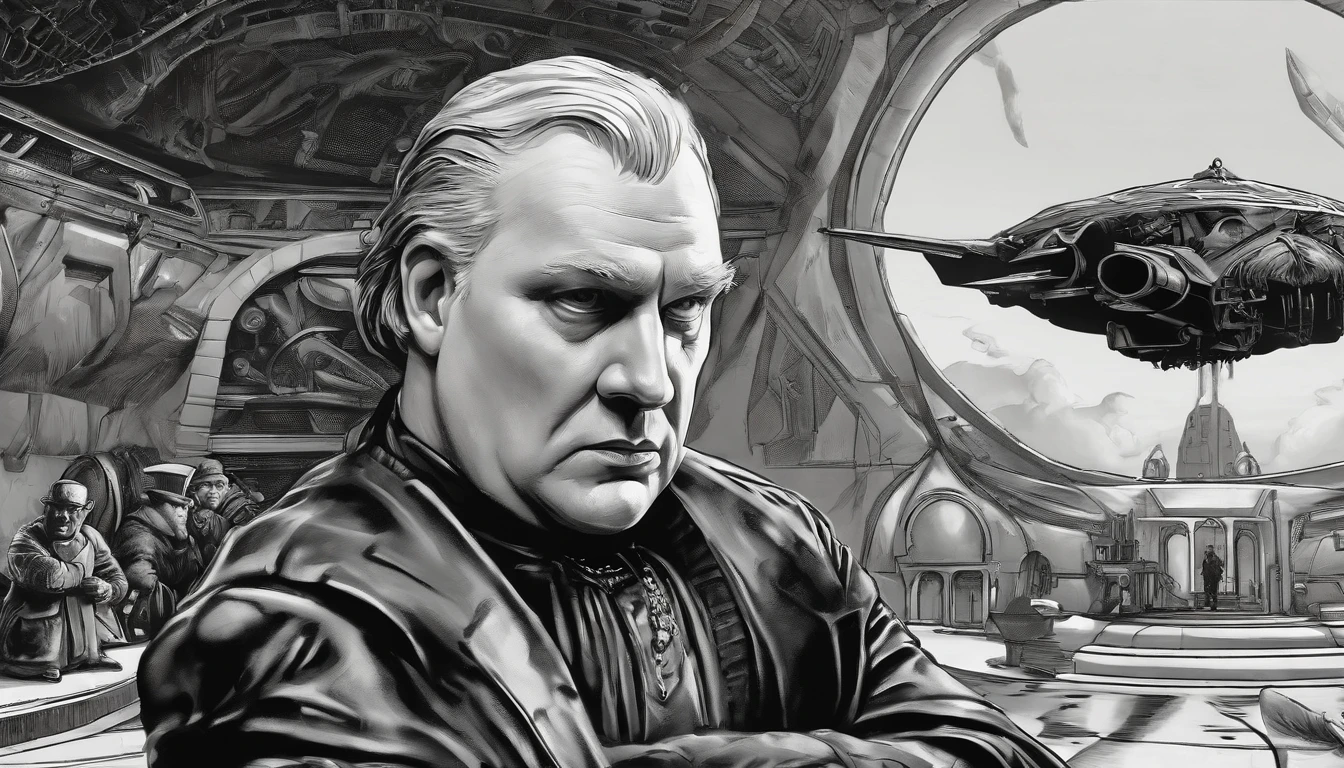Harkonnen baron dune, in the style of futurism grotesque, exaggerated facial features, focus stacking, Todd McFarlane, comic art, schizocore, radical inventions, violent, salvagepunk, dynamic graphic novel, photorealistic scenes, detailed comic book art, cartoonish lines, rtx on, captivating figures, high-contrast shading, hyper-detailed, chiaroscuro mastery, trompe-l’oeil illusionistic detail, full body intensity