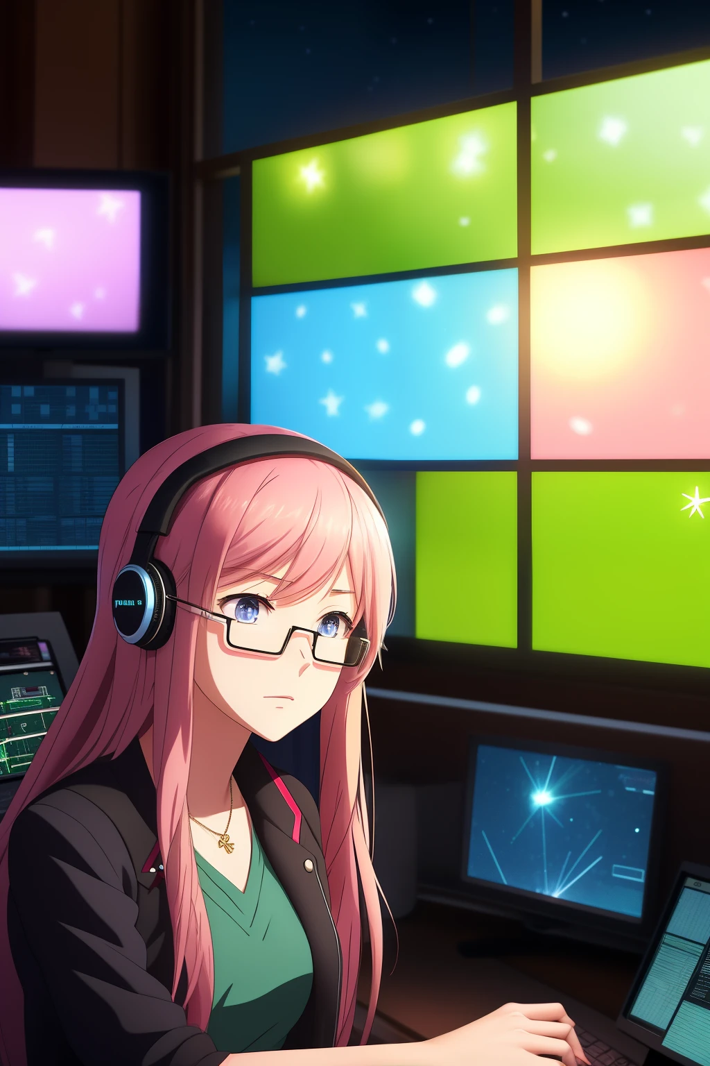In this vivid cartoon anime image, an young woman adult character stands in a control room, with a mix of worry and anxiety. With long brown and pink hair on her head. With red spiral glasses atop her head, she gazes at us with an intense expression as she takes in the surroundings. The control room itself is a spectacle, filled wit? rainbow-colored techno LED panels that light up the space.
Positioned by a window, our protagonist's reflection reveals a glimpse of the outside world—a scene of faulty machines in need of attention. The window also frames a shooting star streaking across the night sky, adding a touch of romantiscm and a wish to escape. Despite the stress and overwhelming workload, our determined character exhibits her multitasking skills.