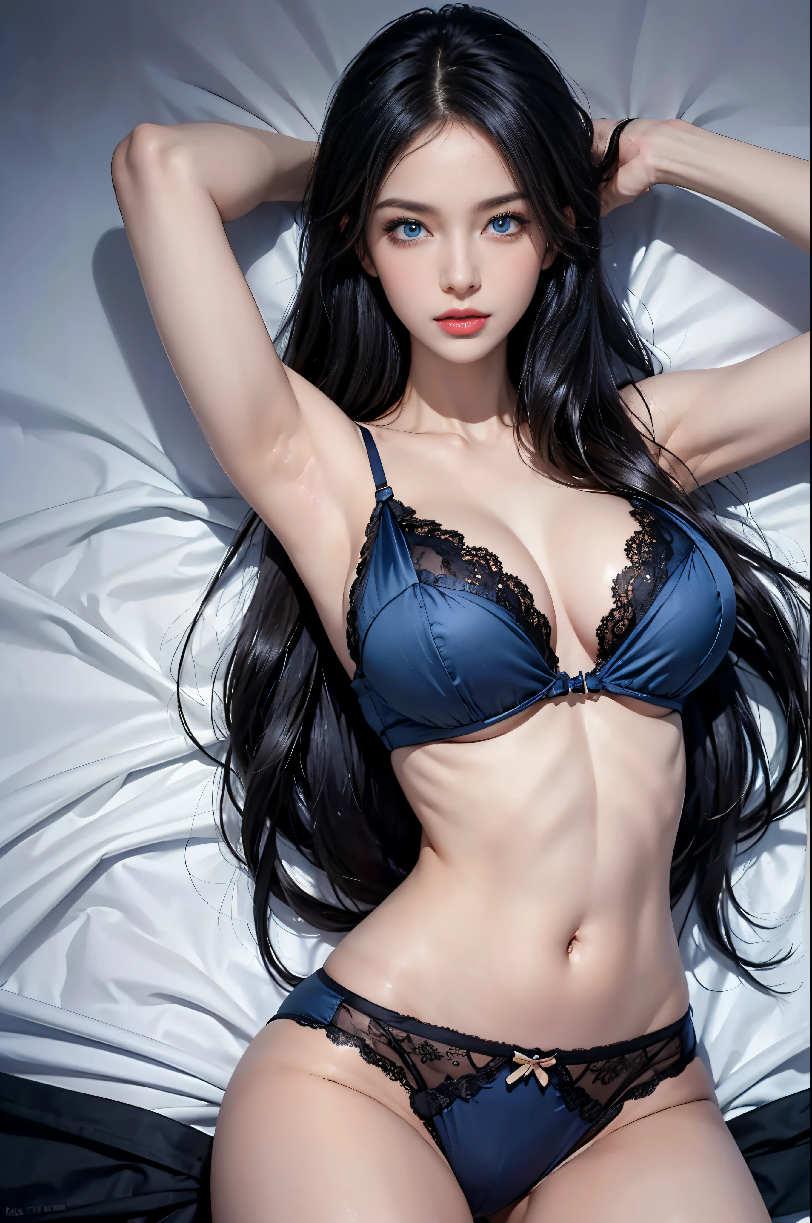 girl, skinny body, long black hair, (front view, laying in bed, silk bra, silk panties, arms up, spread legs), (((masterpiece, best quality, detailed blue eyes:1.5, huge breasts))).