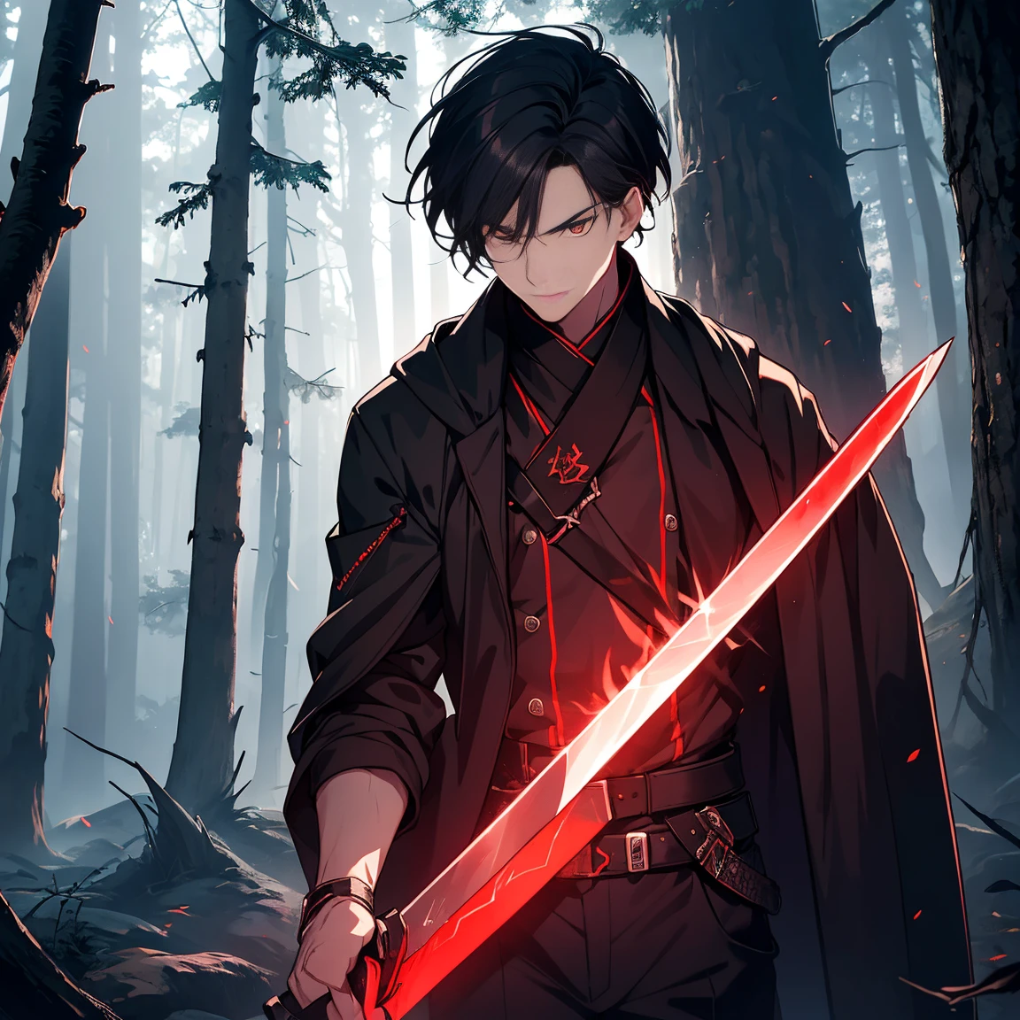 Man wearing black night jacket , The background is a forest, Sword in one hand, The blade of the knife is red glowing magic，red sparkling，