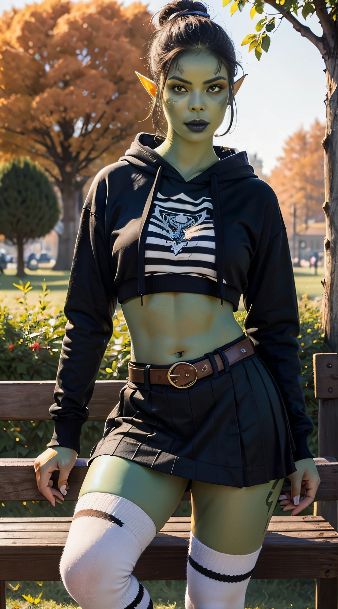 1girl, sexy githyanki, (green skin:1.3), black short hair bun, orange eyes, pointy ears, navel, midriff, (black crop hoodie:1.2), (black plain skirt:1.2), (black-and-white striped high socks:1.2), shoes on platform, belt, pouch, medium breasts, athletic, posing in the park, autumn, bench, black lipstick, black eyeliner, highly detailed face and eyes, sunlight, midday, best quality, masterpiece, realistic, anatomically correct, stunning details, intricate details, 8k post-production, high resolution, super details, trending on ArtStation, sharp focus, depth of field f/1.8, studio photos