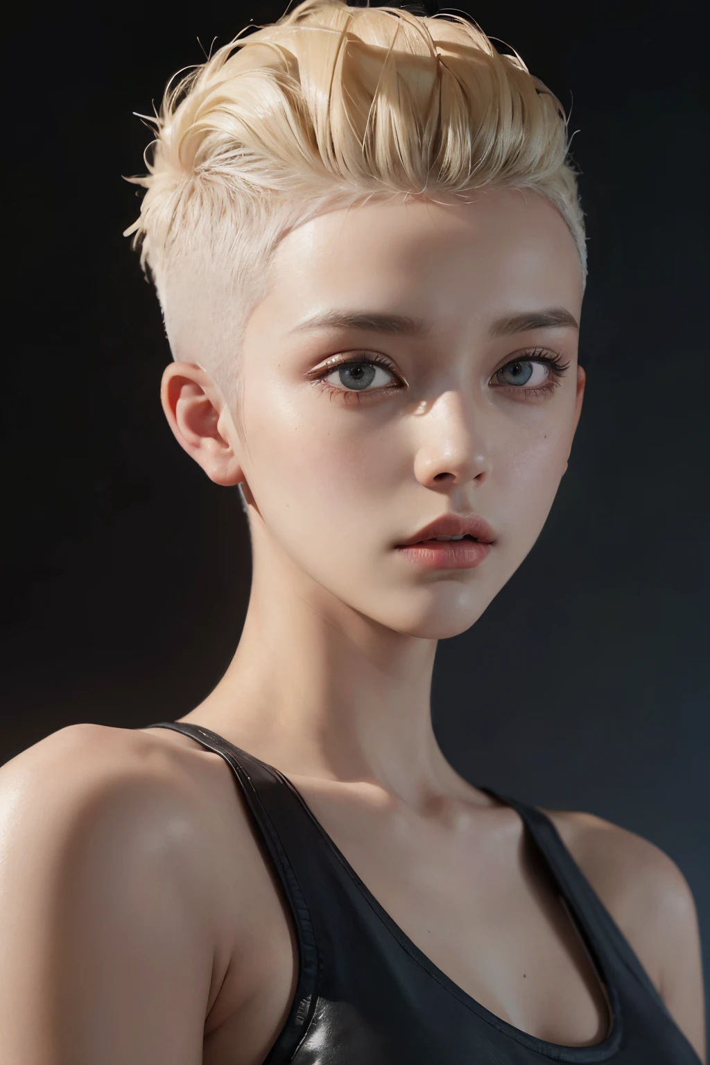 a 20 yo woman, blonde, (hi-top fade:1.3), dark theme, soothing tones, muted colors, high contrast, (natural skin texture, hyperrealism, soft light, sharp)