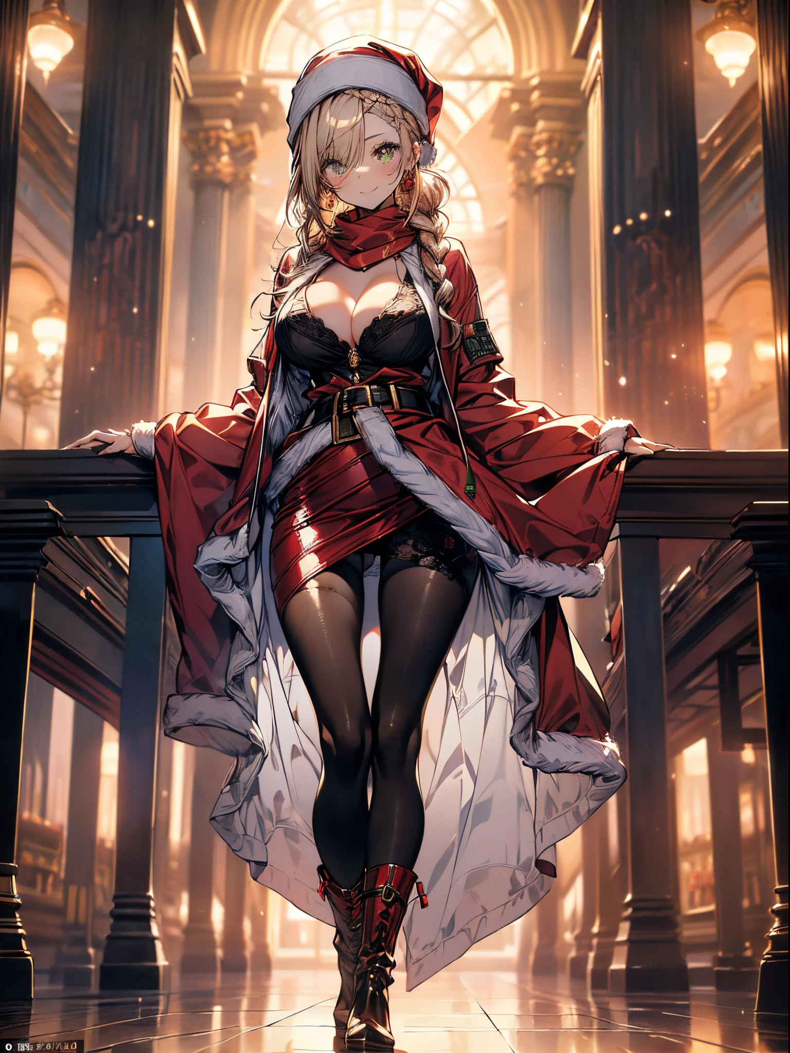 (image board:1.3), ((Santa girl:1.3, giving a present box to viewers:1.2, close to viewers:1.2)), a matured woman with long black hair and a red outfit, red winter coat with bore, scarfs, tigh length long boots, red and green winter outfits, holding present box with wrapping by ribbon:1.5, Christmas tree decorated with many ornaments, wearing red pencil skirt, Arabic, bodyesbian, fine details, beautiful anime illustration, 28 years old, (milf:1.3), (solo:1.5), (sfw:1.25), (sagging breast, fuge breasts, big tits, thin waist, big ass:1.2), Raised sexy, (dark mahogany medium short hair, updo, hair over one eye, asymmetric hair, Carly hair, low tied braids), (musulman, white Headscarfs, hair bands, head vandage, Turban), (ultra high resolution, 8K RAW photo, photo realistics, thin outline:1.3, clear focus), best qualtiy, cinematic lighting, textile shading, blurry back ground, field of depth, bokeh, (Bright pupils, fine detailed beautiful eyes with highlight:1.3, high detailed face), Red lip, fine realistic skins:1.1, looking at viewers:1.3, (dynamic angle:1.3, full body:1.3, front view:1.1, tigh focus:1.3, from below:1.2), (dynamic posing:1.5, sexy posing:1.2, leaning forward:1.2), (seductive happy smile:1.2), centered image, (wearing red long jacket with bore and clothes, ((bare breast:1.37)), gold ornaments, rolling red clothes around waist, dark red long leather boots:1.3, translucent lace pantyhose), (((correct anatomy:1.5, perfect anatomy:1.37))), (in a night:1.3), (indoors:1.2),
