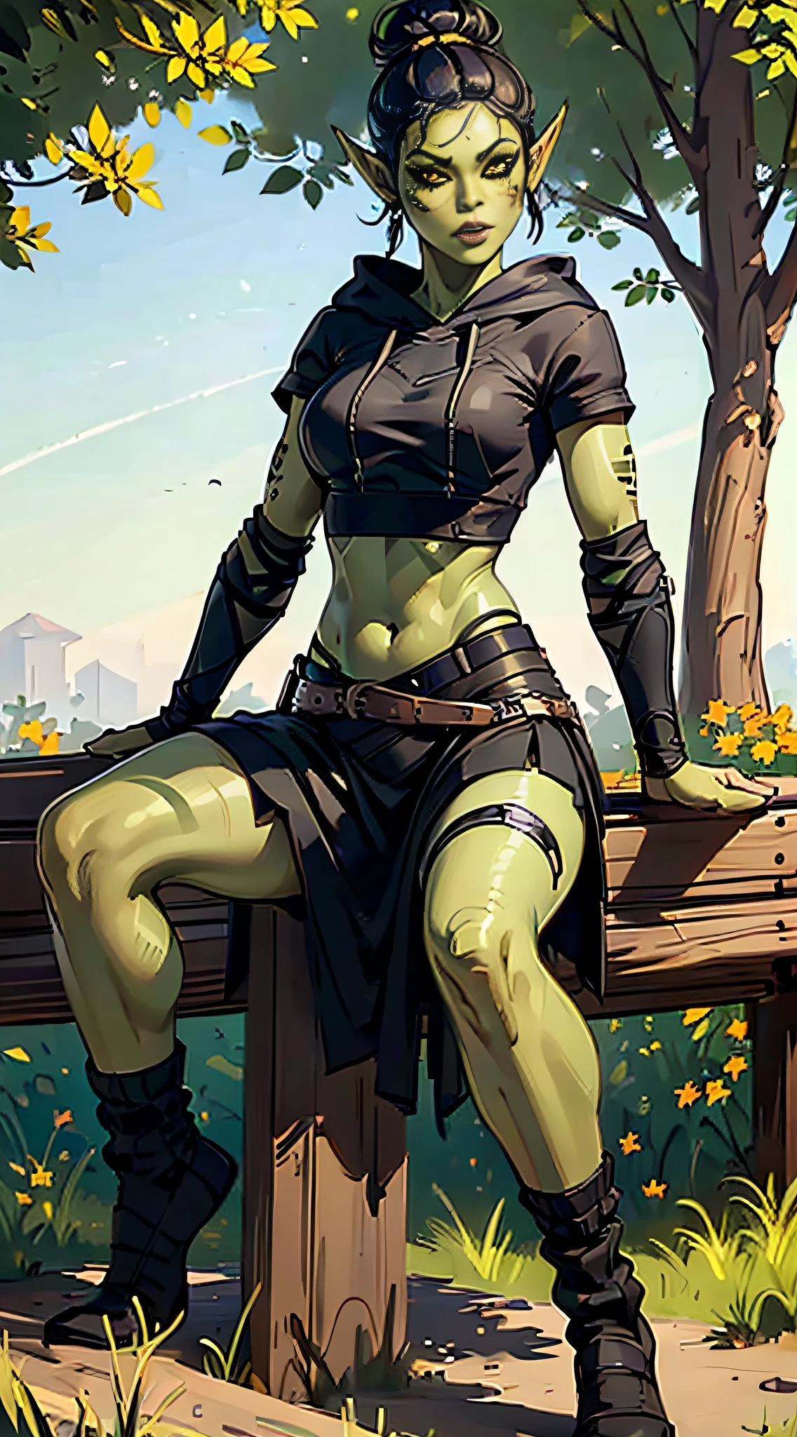 1girl, sexy githyanki, (green skin:1.5), black short hair bun, orange eyes, pointy ears, navel, midriff, (black crop hoodie:1.2), (black plain skirt:1.2), (black-and-white striped high socks:1.2), shoes on platform, belt, pouch, medium breasts, athletic, posing in the park, autumn, bench, black lipstick, black eyeliner, highly detailed face and eyes, sunlight, midday, best quality, masterpiece, realistic, anatomically correct, stunning details, intricate details, 8k post-production, high resolution, super details, trending on ArtStation, sharp focus, depth of field f/1.8, studio photos