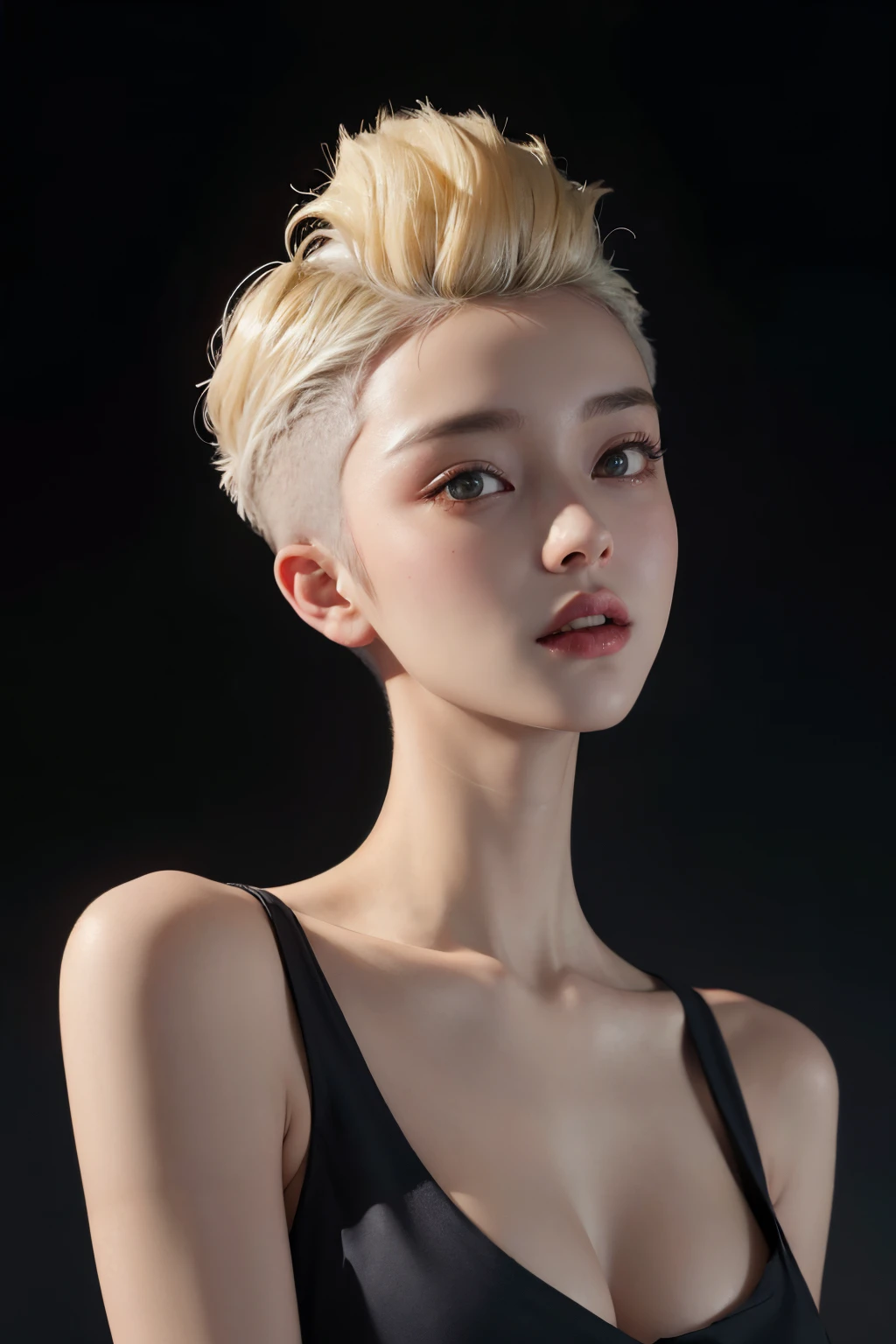 a 20 yo woman、a blond、(hi-top fade:1.3)、dark themed、Muted Tones、Subdued Color、highly contrast、(natural skin textures、Hyper-Realism、Soft light、sharp)、ssmile