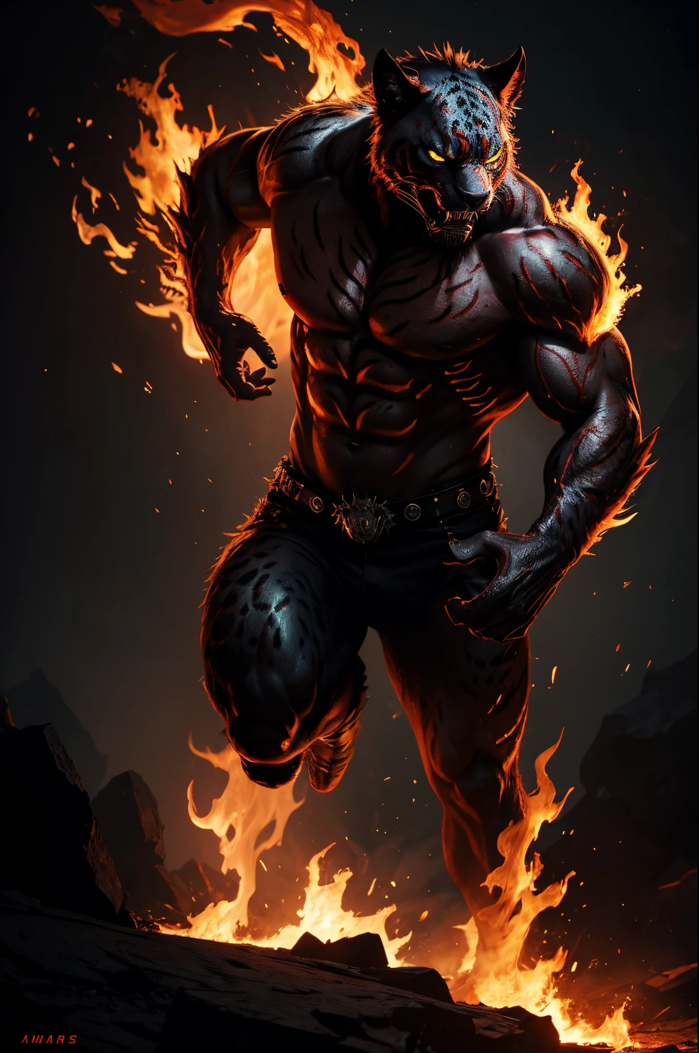 nightmare beast Jaguar, flames, best quality, cinematic lighting, beautiful,