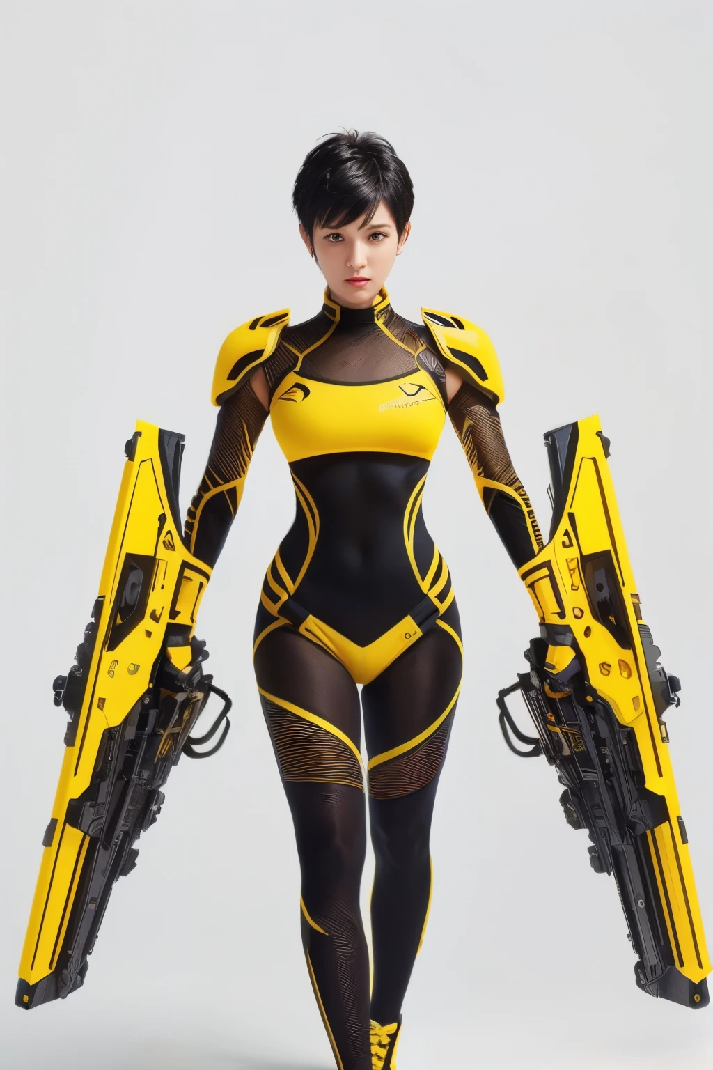 best quality, masterpiece, aesthetic, full-body dynamic pose high quality, 1girl punching, android, (yellow and black) upper armor, mechanical arms, short punk hair, black hair, white background, intense expression, looking at viewer, (simple background:1.4), anime