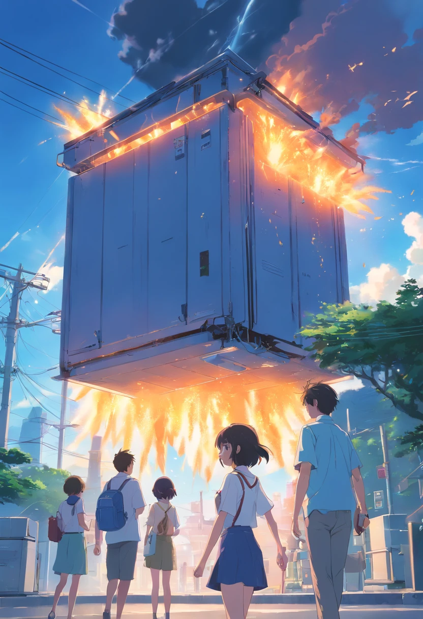 a hot summer，The heat wave swept through。In the center of the picture is a transformer box，It is experiencing the stress of high temperatures and heavy loads，emit intense heat。Due to excessive power consumption and high temperature，The transformer box is covered with warning labels and lights，flashing warning light。There are heat waves wafting in the background。