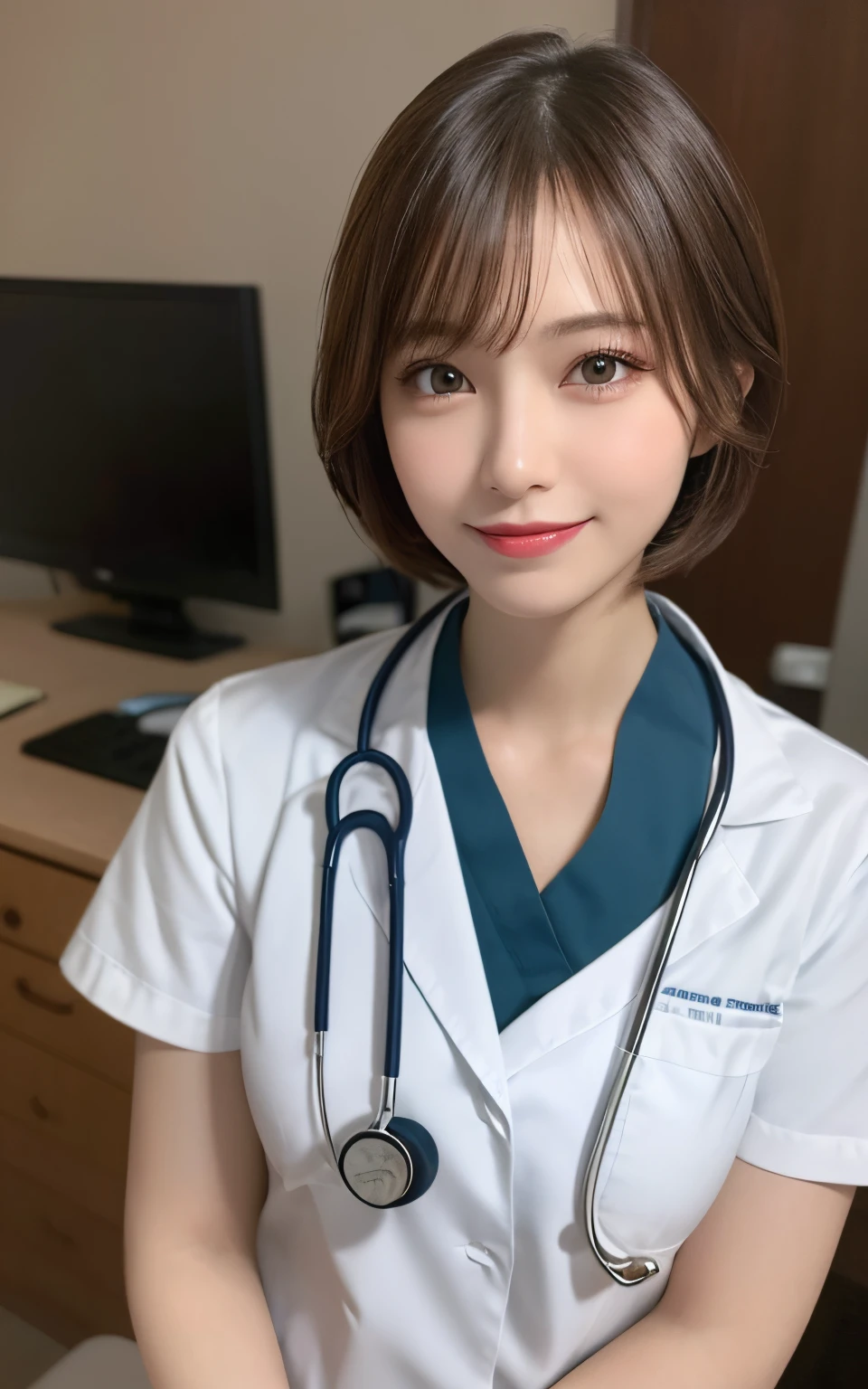 masutepiece, Best Quality, Illustration, Ultra-detailed, finely detail, hight resolution, 8K Wallpaper, Perfect dynamic composition, Beautiful detailed eyes, Doctor's attire,Bob Hair, mid-chest, Natural Color Lip, Random and sexy poses,Smile,20 years girl、Colossal tits、Examination room、stethoscope