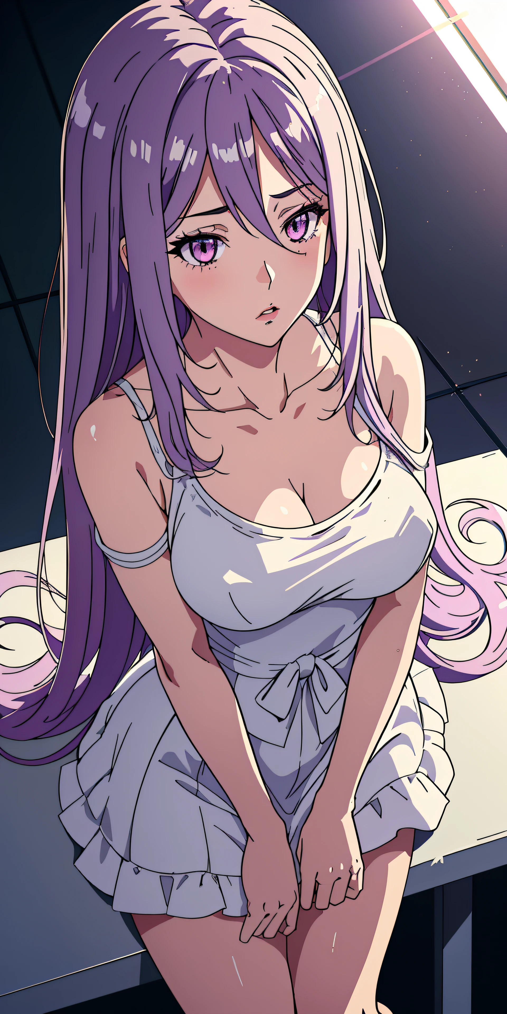 1girl, tokime, purple eyes, purple hair, parted lips, blush, makeup, provoking, sitting, white dress, bare shoulders, classroom, light rays, glow, thighs, collarbone, narrow waist, (masterpiece), wallpaper, wide angle, from above