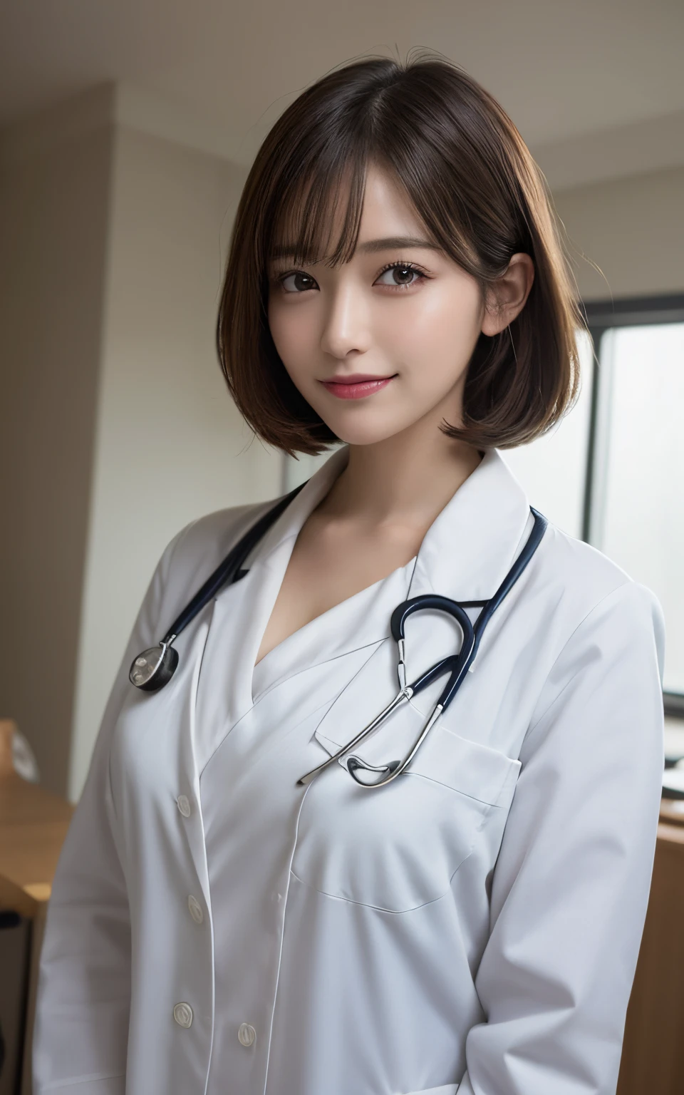 masutepiece, Best Quality, Illustration, Ultra-detailed, finely detail, hight resolution, 8K Wallpaper, Perfect dynamic composition, Beautiful detailed eyes, Doctor's attire,Bob Hair, mid-chest, Natural Color Lip, Random and sexy poses,Smile,20 years girl、Colossal tits、Examination room、stethoscope
