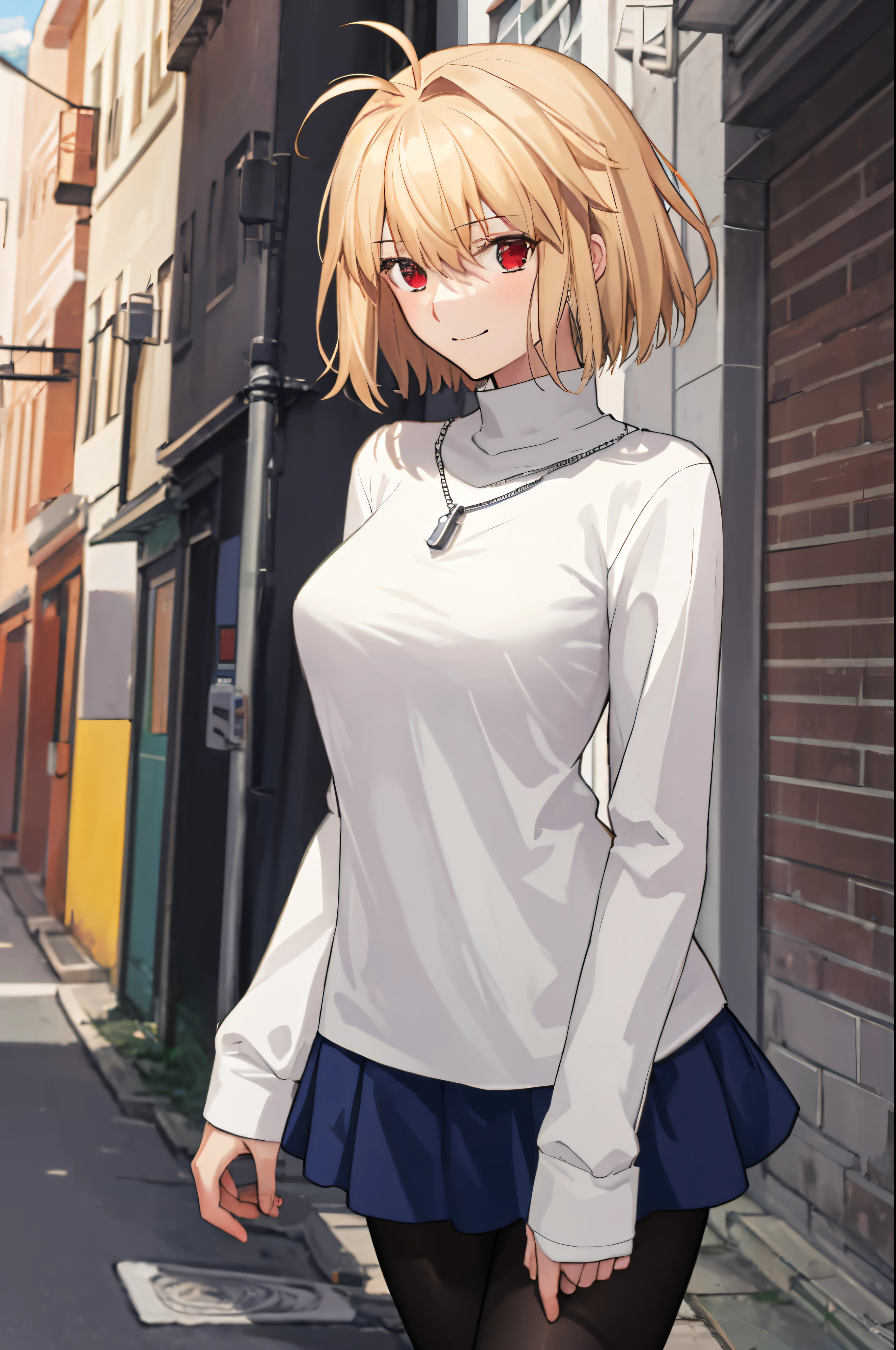 arcueid \(tsukihime\), 1girl, alley, arms behind back, black pantyhose, blue pleated skirt, blush, breasts, building, cowboy shot, day, chain necklace \(arcueid\) on chest, large breasts, looking at viewer, outdoors, smile, solo, standing, white long sleeves turtleneck white sweater, taut clothes, thigh gap, closed mouth, leaning forward, BREAK, 2hands, accurate fingers, loish hand, extreme hand detail, normal hands, with fingers, accurate hands, 2thumb