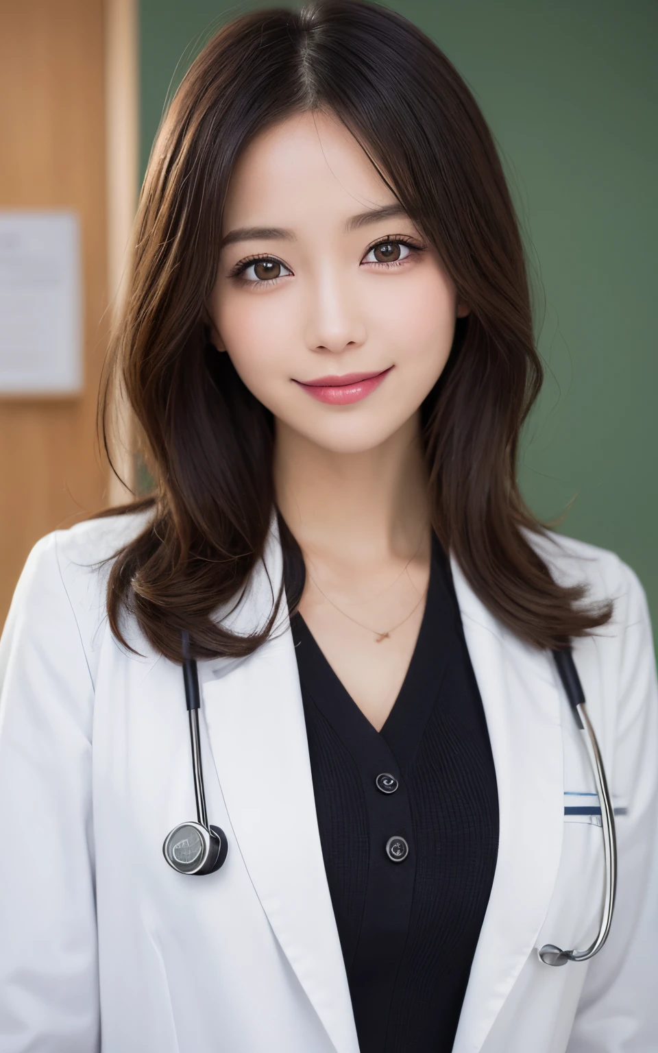 masutepiece, Best Quality, Illustration, Ultra-detailed, finely detail, hight resolution, 8K Wallpaper, Perfect dynamic composition, Beautiful detailed eyes, Doctor's attire,Bob Hair, mid-chest, Natural Color Lip, Random and sexy poses,Smile,20 years girl、Colossal tits、Examination room、stethoscope
