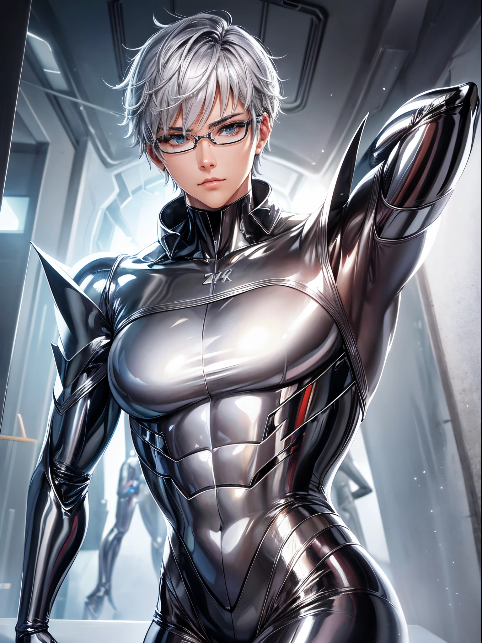 5 8K UHD、For a shiny full-body silver latex suit、Silver short-haired muscular beauty with glasses with arms crossed behind the head、Beauty in a shiny silver latex suit、Glasses with hidden skin、Anterior upper body lower body only