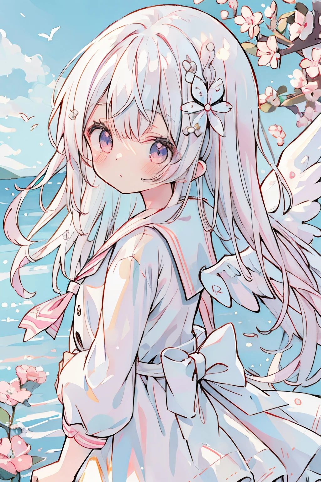 absurderes, hight resolution, (Anime style:1.1), ((masutepiece)), ((Best Quality)), (Ultra-detailed), (Beautiful), 独奏, Beautiful face、Cute little girl s,Wind,White hair、Hair long、long、Pink eyes、Hair flutters in the wind、White sailor suit、Light blue tie、cute light blue skirt、(masutepiece、masutepiece、8K)Floating in the air(angelicales、Angel wings)(((angelicales)))(((a sailor suit)))((Looks Back、facing back))Viewer's Perspective
