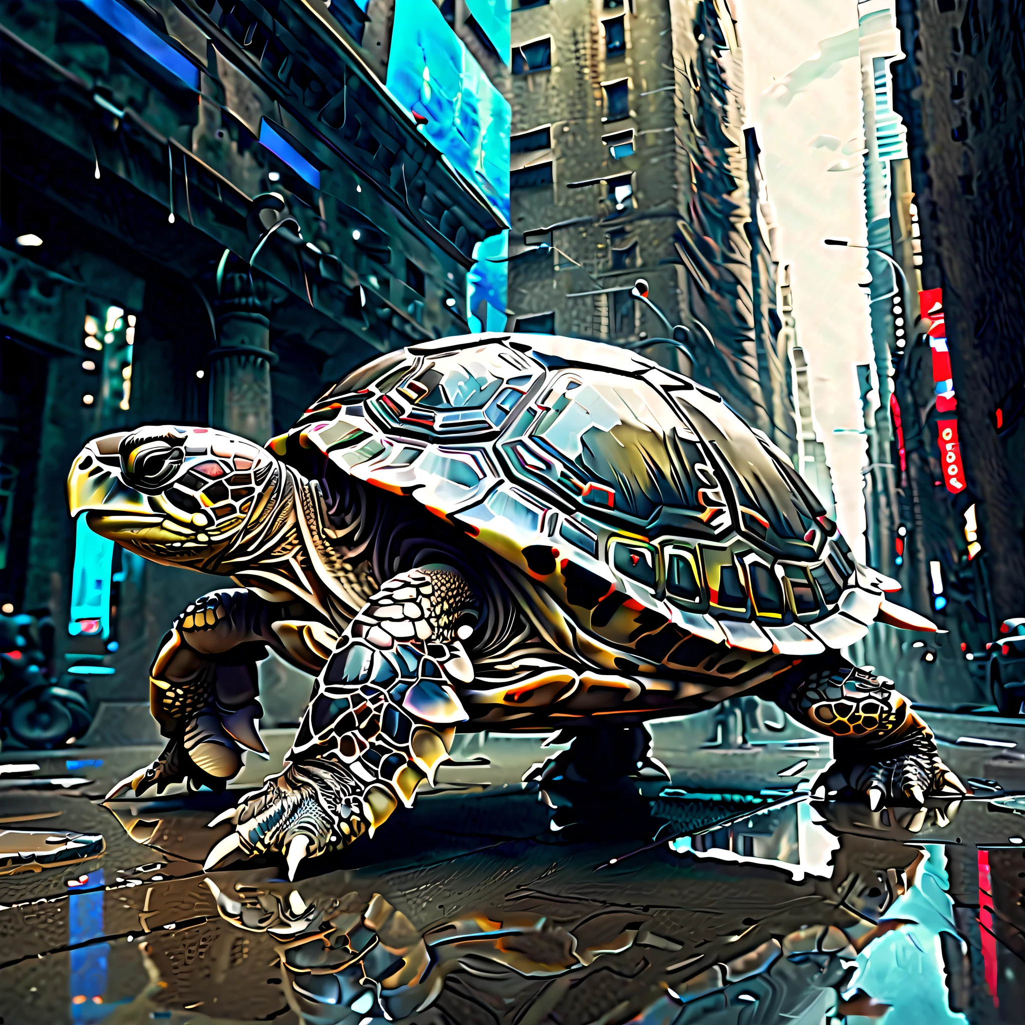 stunning illustration of a massive cyber-punk turtle with a city build on the shell, gentle rain falling from above, from below, highlights and beautiful intricate details, rendered in 50000 pixels for the highest quality masterpiece, marble swinging effect, intricate details, rich colors, stunning extremely details, truly magnificent masterpiece, breath away intricate details, fantastical realm, (((extremely intricate detail of stunning render:1.4))), (((extremely intricate insane details:1.4))),