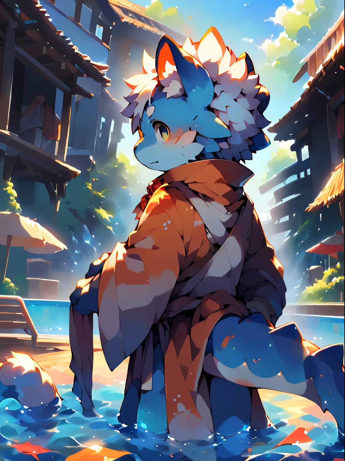 Cute and detailed digital art, Very very beautiful furry art, Detailed fanart, high-quality wallpaper, dress up as a fisherman 🧥, furry fantasy art, Popular topics on artstation pixiv, , Dark blue body, White hair, standing, Towels, Swimming pool, Rear view, young  male，Libido boy，Pool，Dragon，Dragon tail，Fluffy hair ，(by Pino Deheni, Kanikai, Milk Tiger 1145, Dagasi, ys，)