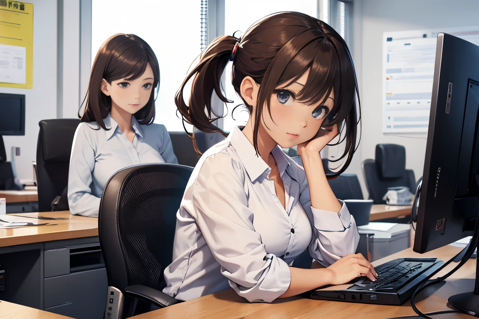 Office lady working on a computer at her office desk、1girl in,  serious cover、Brown hair、poneyTail