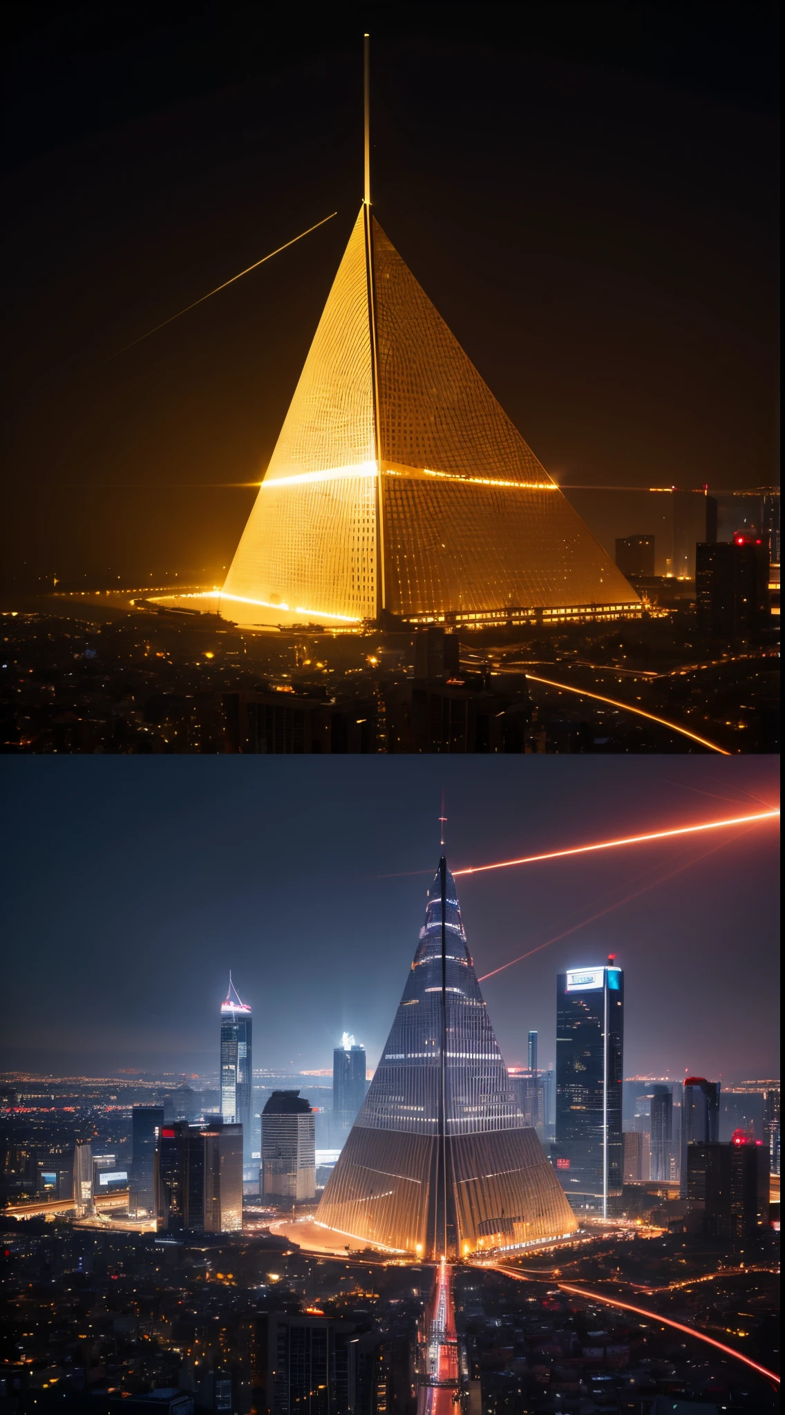 Futuristic background of golden glass pyramid with laser beams leading to a surreal science city with huge skyscrapers. Background super-resolution to 4k,Aspect ratio is 16:9.golden pyramids, tmasterpiece, Anatomically correct, super detailing, high qulity, Best quality at best, 8K, 16k, high detal